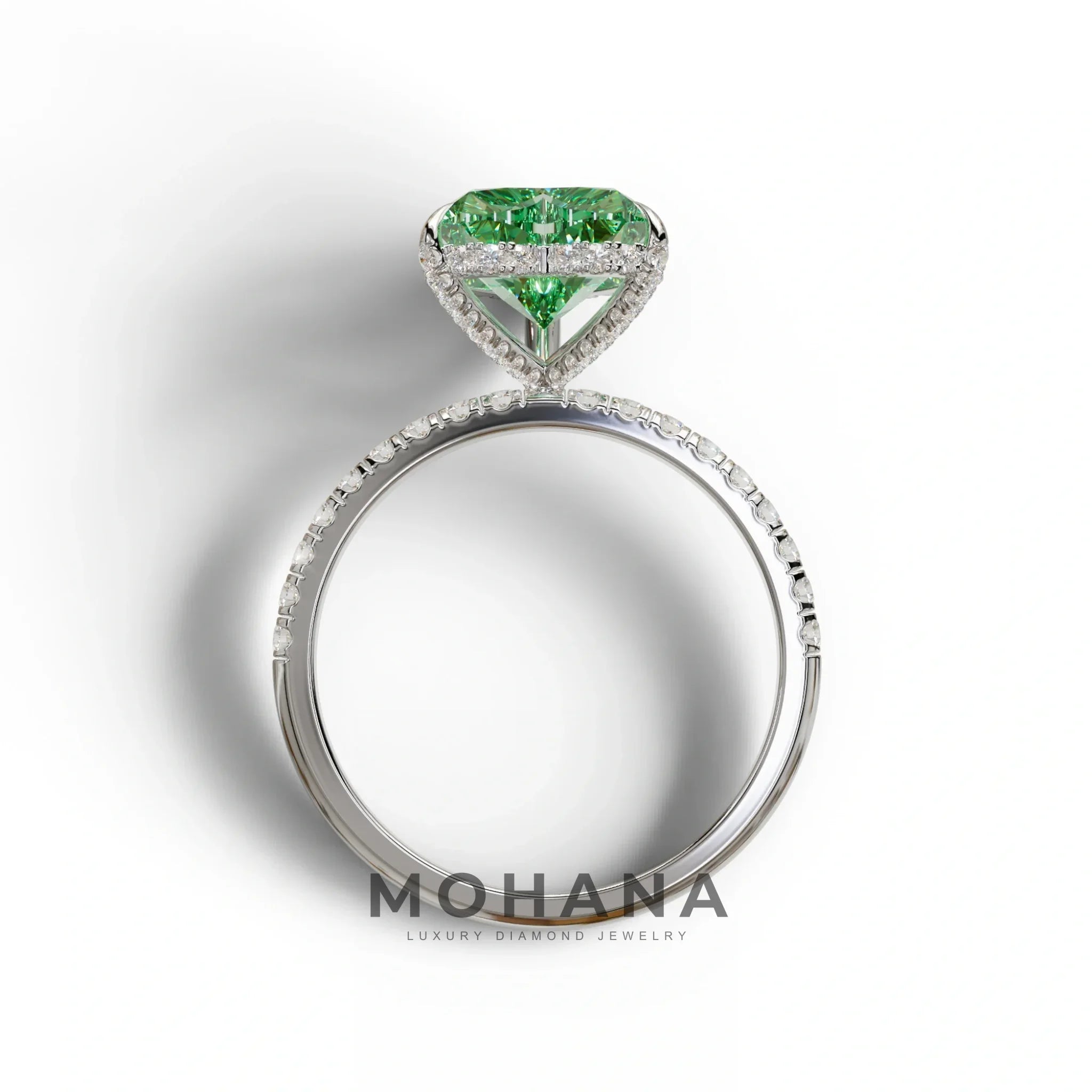 Green 3 Carat Heart Cut Hidden Halo & Pavé Setting Engagement Ring