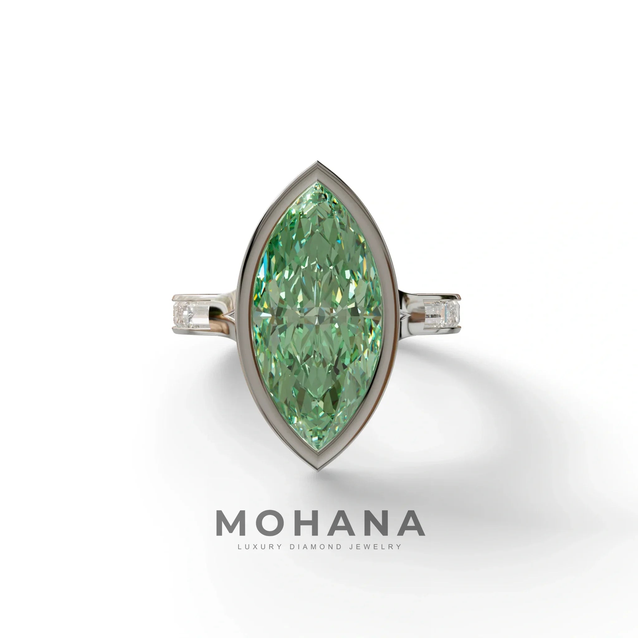 3 Ct Marquise Cut Green Color Lab Diamond Ring With Bezel Set - Kayla - 10K Solid Gold / White Gold
