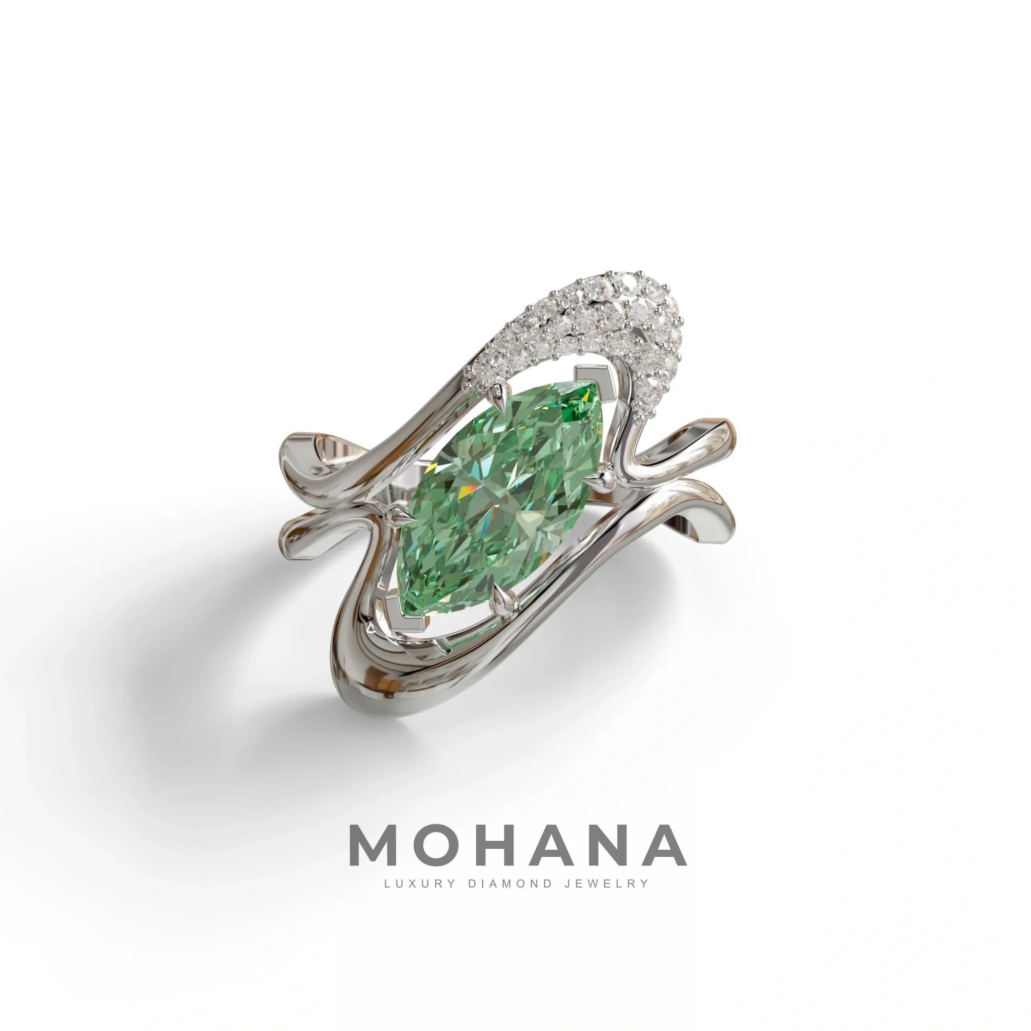 3 Carat Marquise Cut Green Lab Grown Diamond Curve Ring - Myka - 10K Solid Gold / White Gold