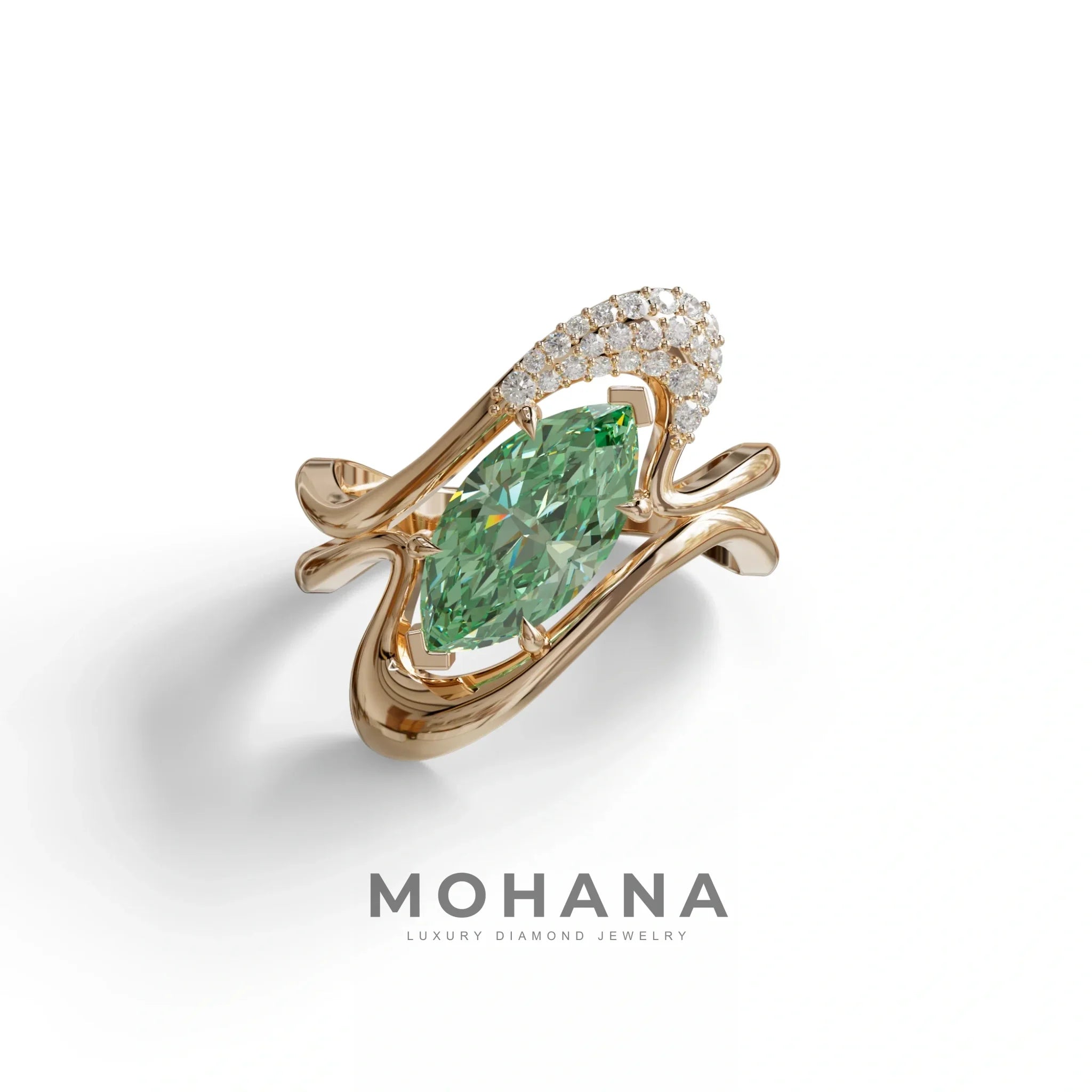 3 Carat Marquise Cut Green Lab Grown Diamond Curve Ring - Myka - 10K Solid Gold / Rose Gold