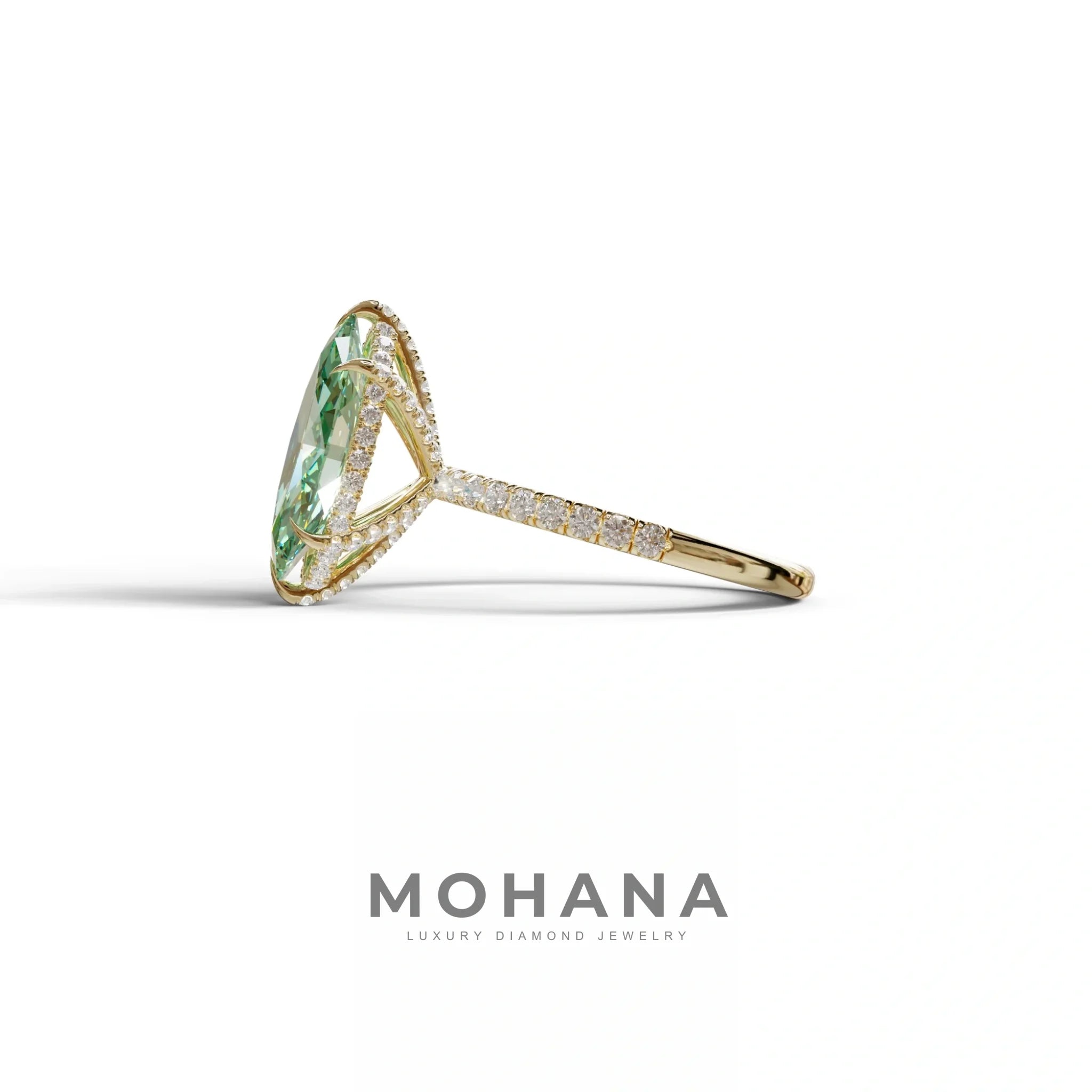 3 Carat Green Marquise Cut Lab Diamond In Hidden Halo & Pave Setting Ring
