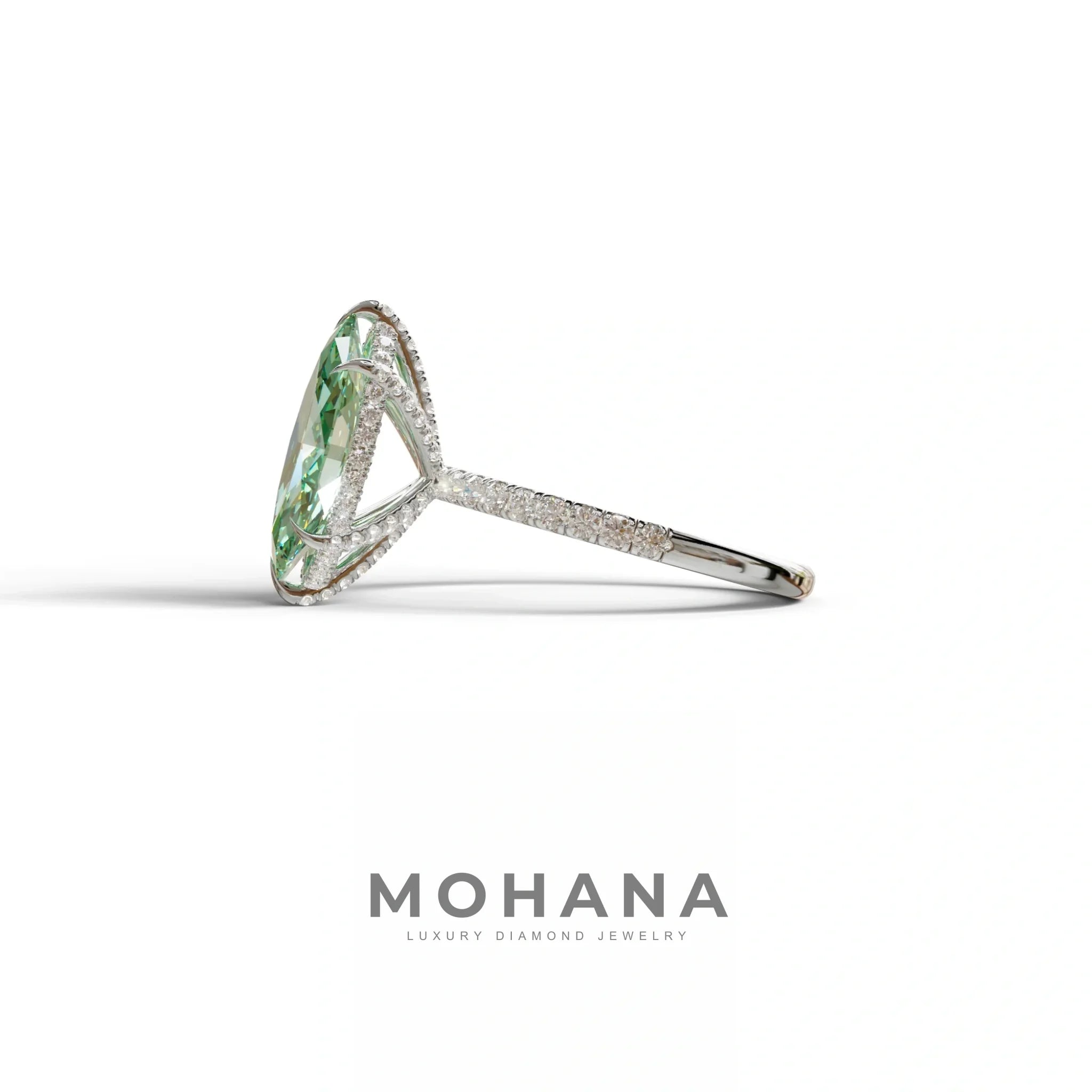 3 Carat Green Marquise Cut Lab Diamond In Hidden Halo & Pave Setting Ring
