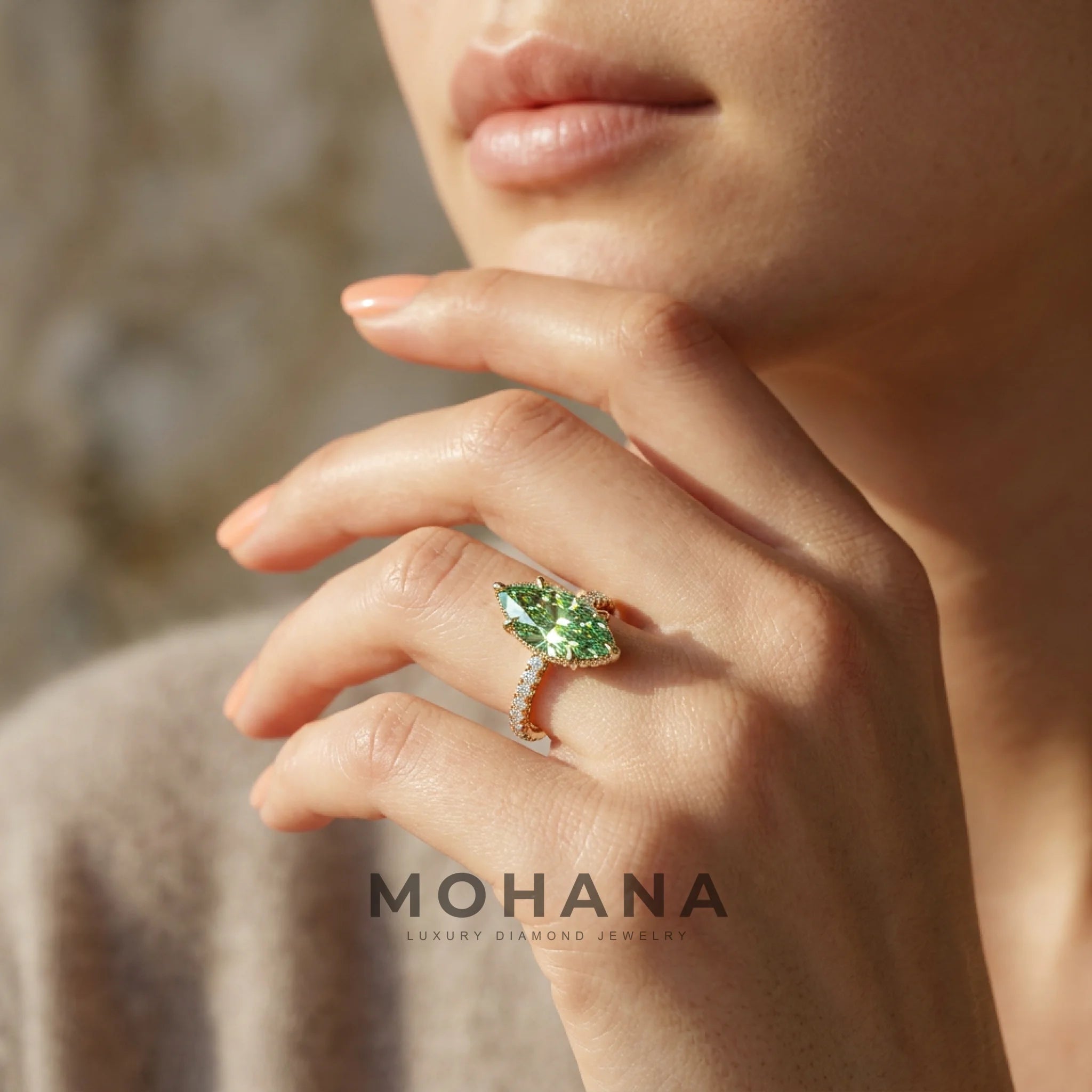 3 Carat Fancy Green Marquise Hidden Halo Lab Grown Diamond Engagement Ring