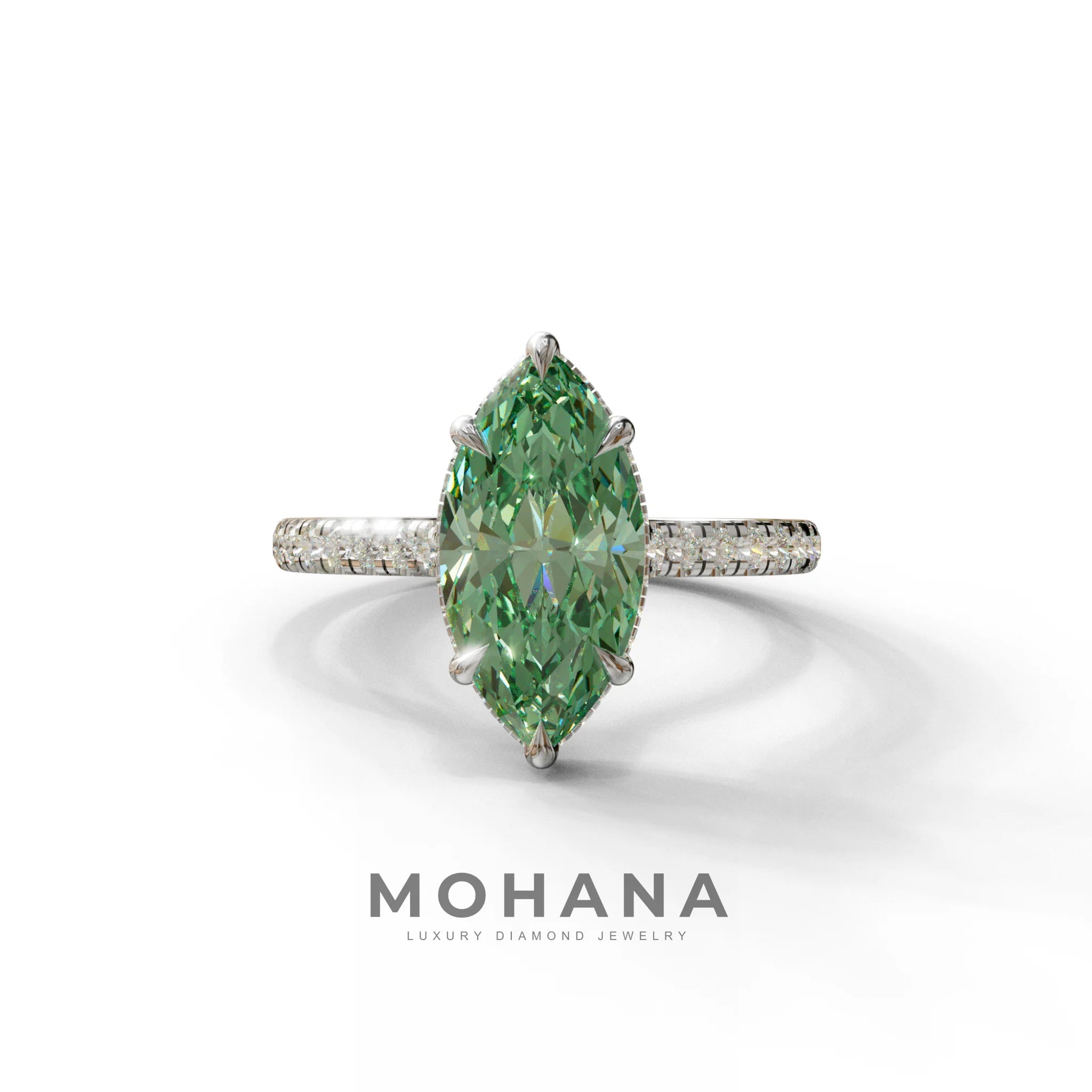 3 Carat Green Marquise Cut Hidden Halo & Pave Set Lab Diamond Ring - Eblouissant - 10K Solid Gold / White Gold