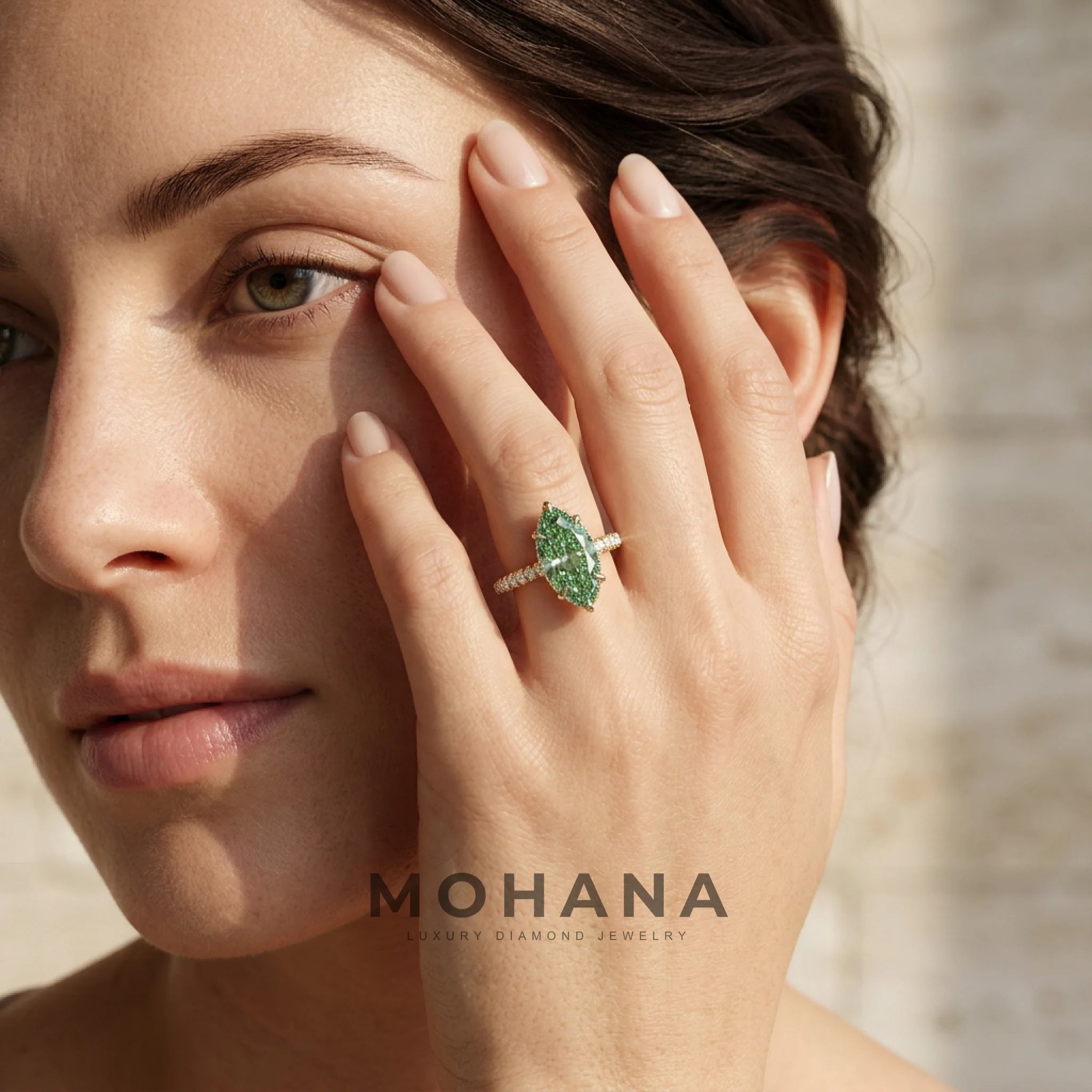 3 Carat Fancy Green Marquise Hidden Halo Lab Grown Diamond Engagement Ring