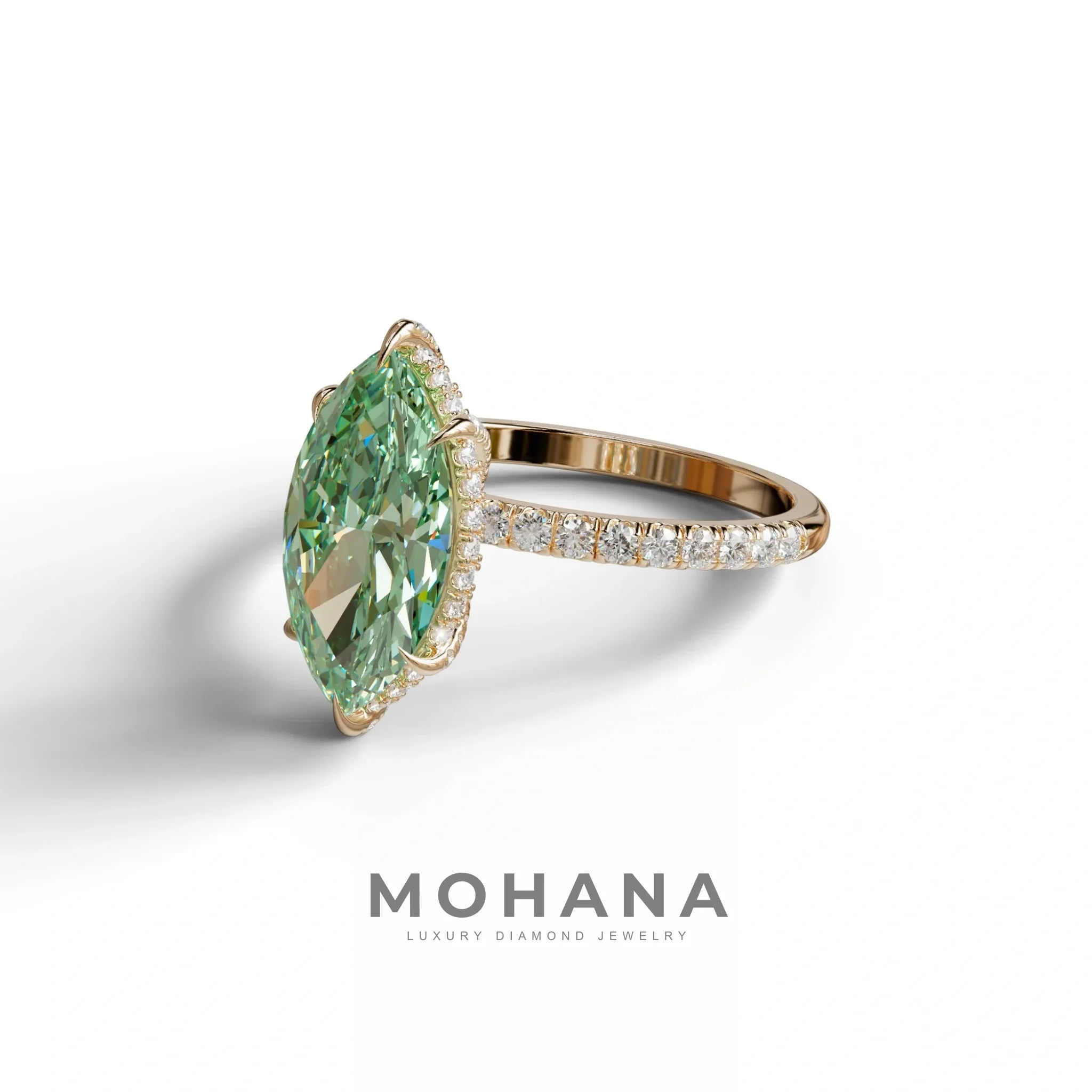 3 Carat Green Marquise Cut Lab Diamond In Hidden Halo & Pave Setting Ring