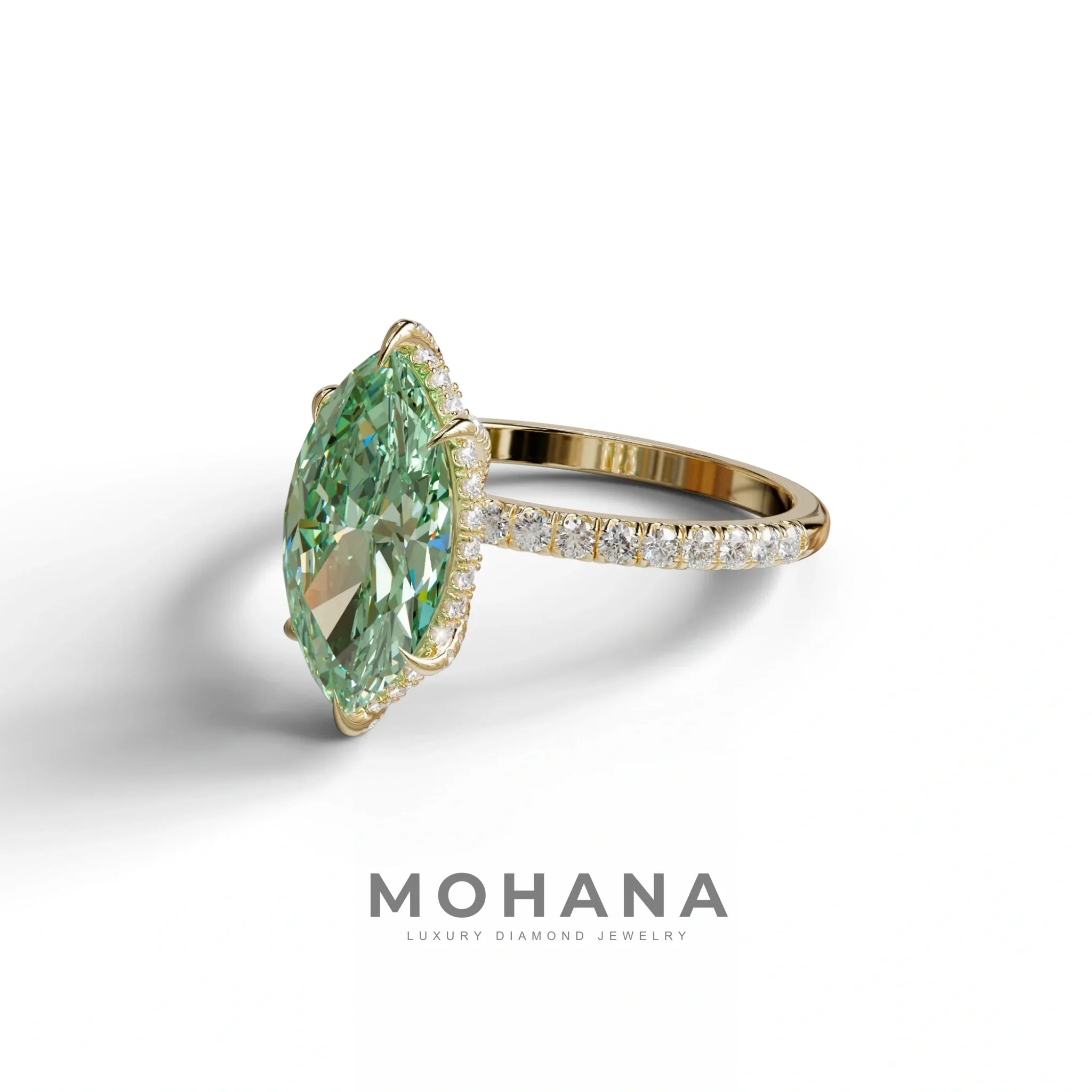 3 Carat Green Marquise Cut Lab Diamond In Hidden Halo & Pave Setting Ring