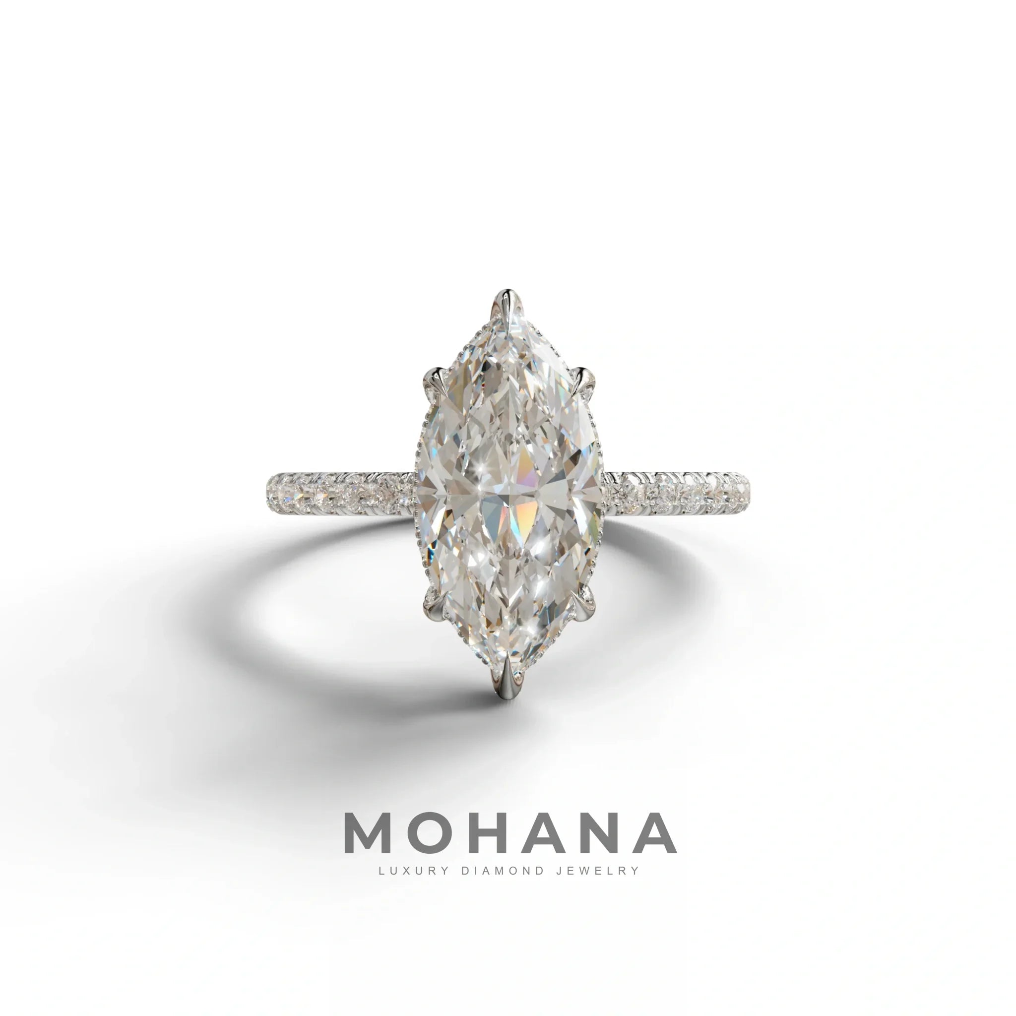 3 Carat E-VVS Marquise Cut Lab Diamond In Hidden Halo & Pave Setting Ring - 10K Solid Gold / White Gold