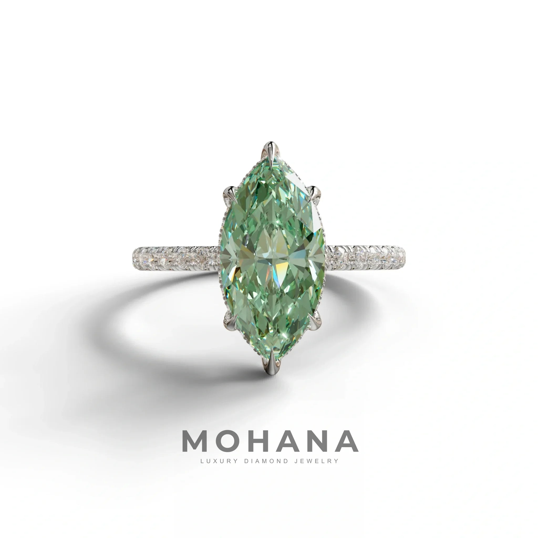 3 Carat Green Marquise Cut Lab Diamond In Hidden Halo & Pave Setting Ring - 10K Solid Gold / White Gold