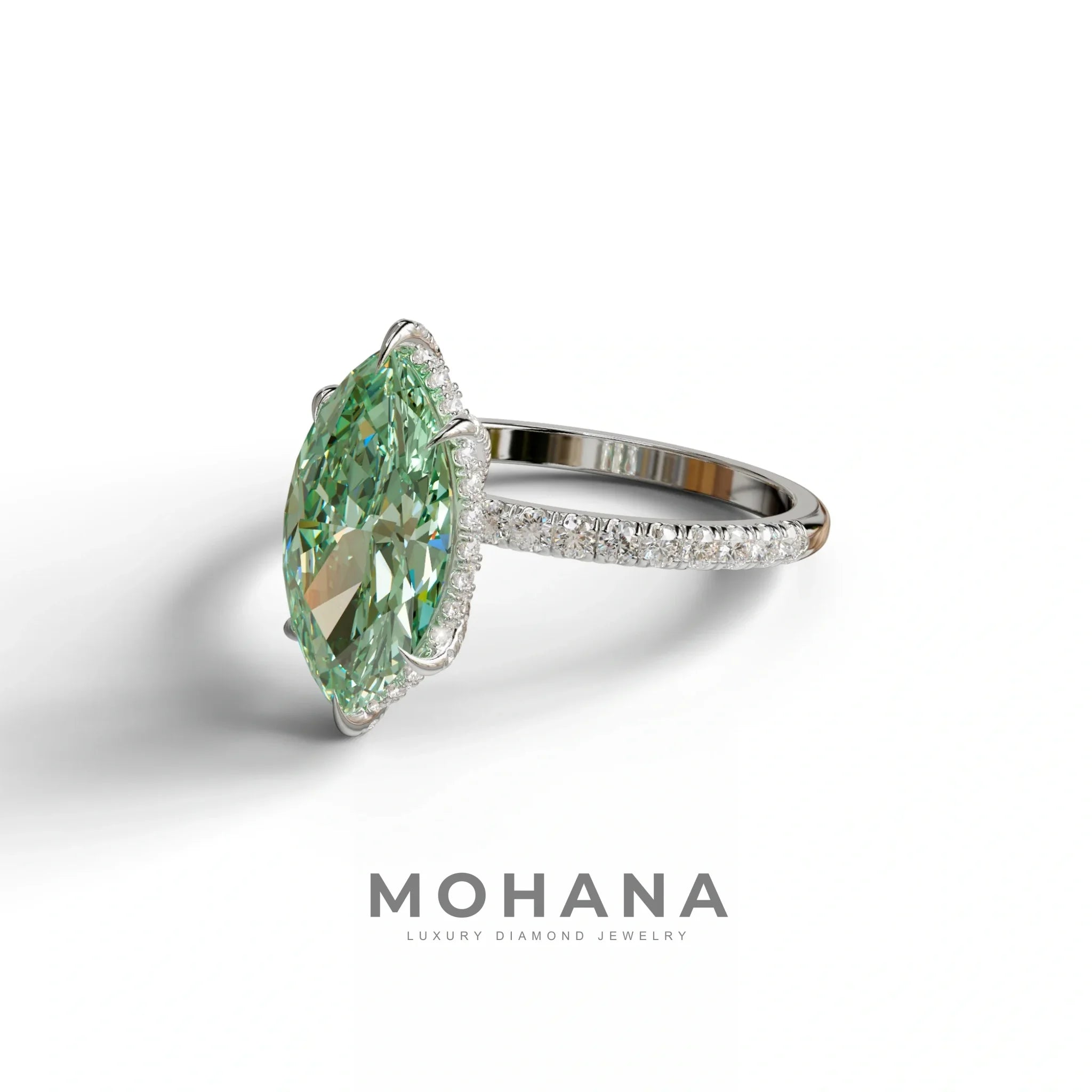 3 Carat Green Marquise Cut Lab Diamond In Hidden Halo & Pave Setting Ring