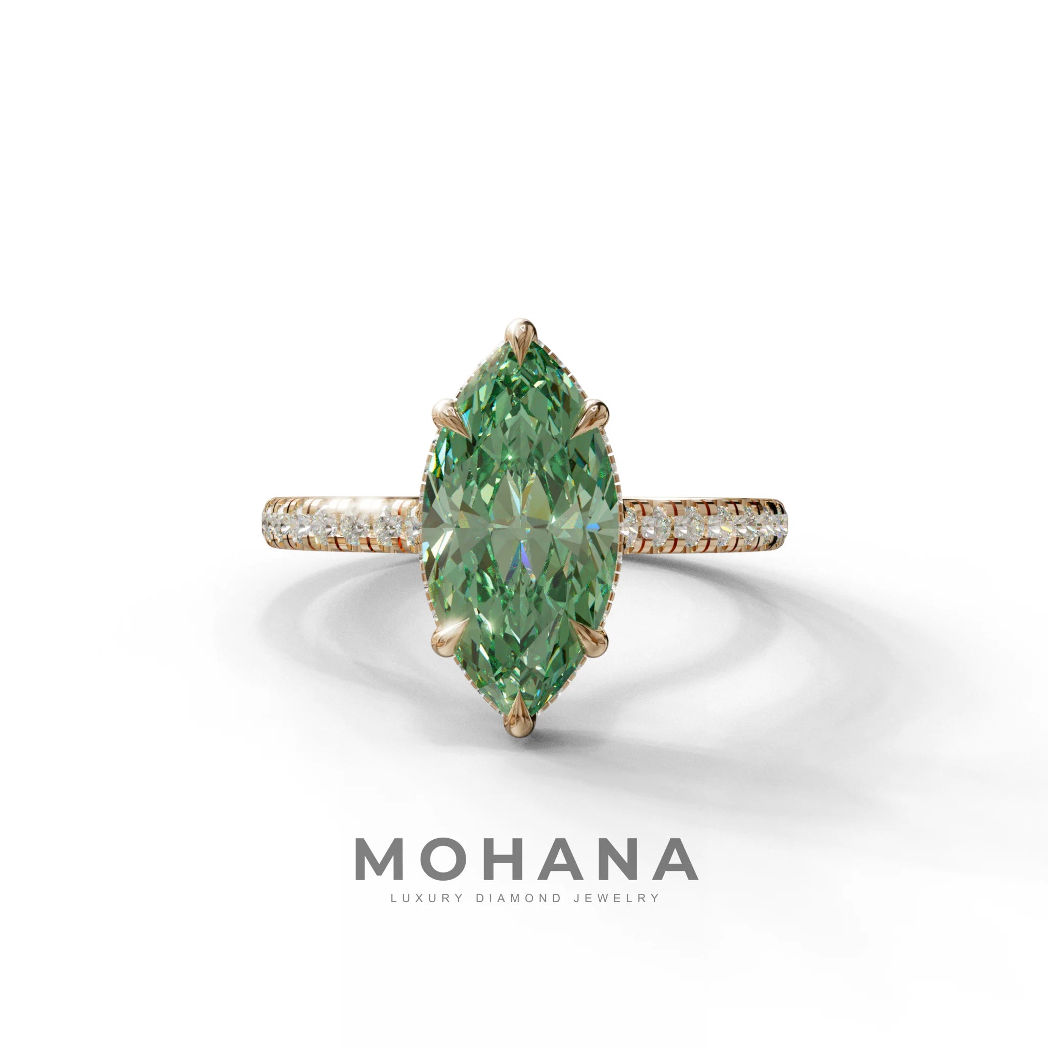 3 Carat Green Marquise Cut Hidden Halo & Pave Set Lab Diamond Ring - Eblouissant - 10K Solid Gold / Rose Gold