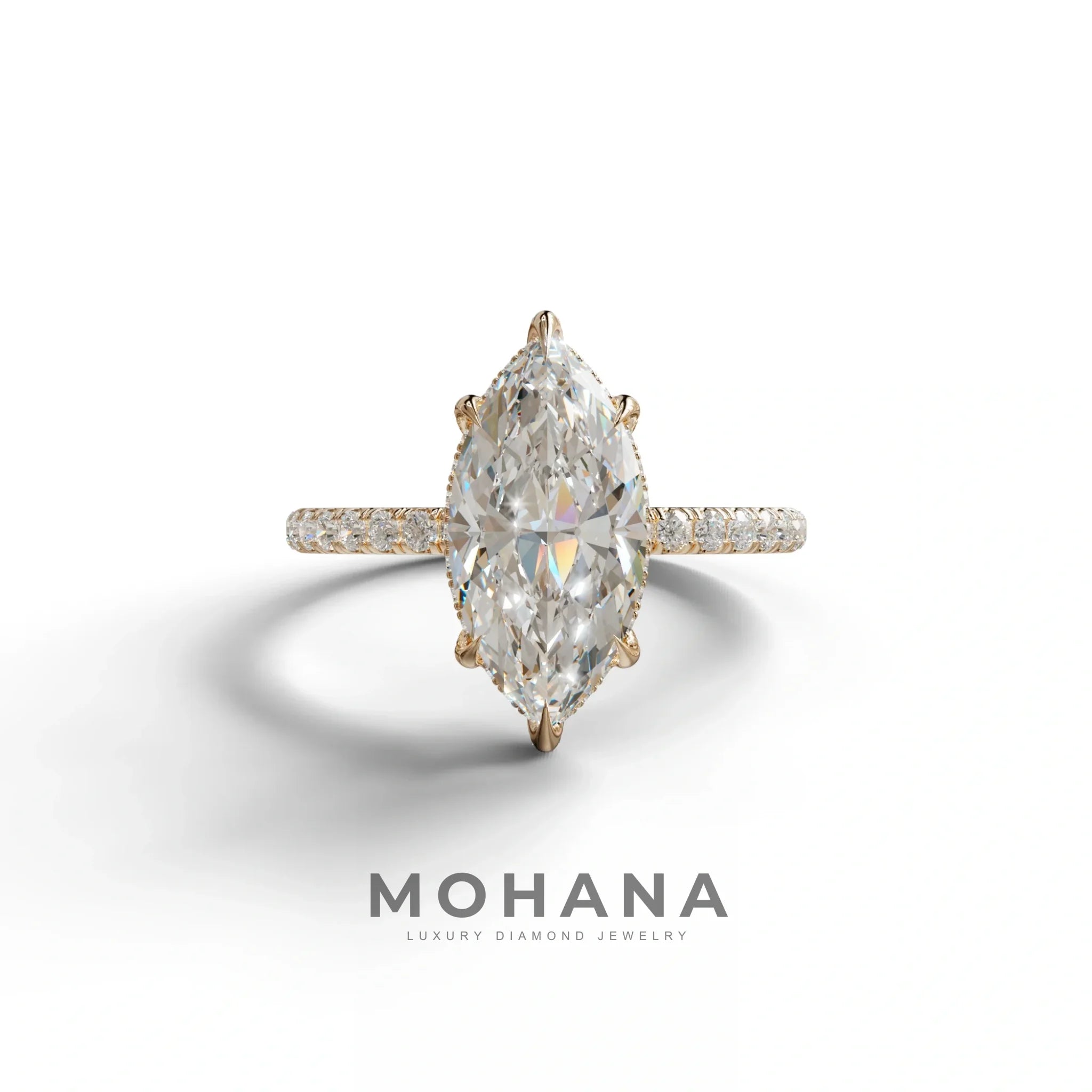 3 Carat E-VVS Marquise Cut Lab Diamond In Hidden Halo & Pave Setting Ring - 10K Solid Gold / Rose Gold