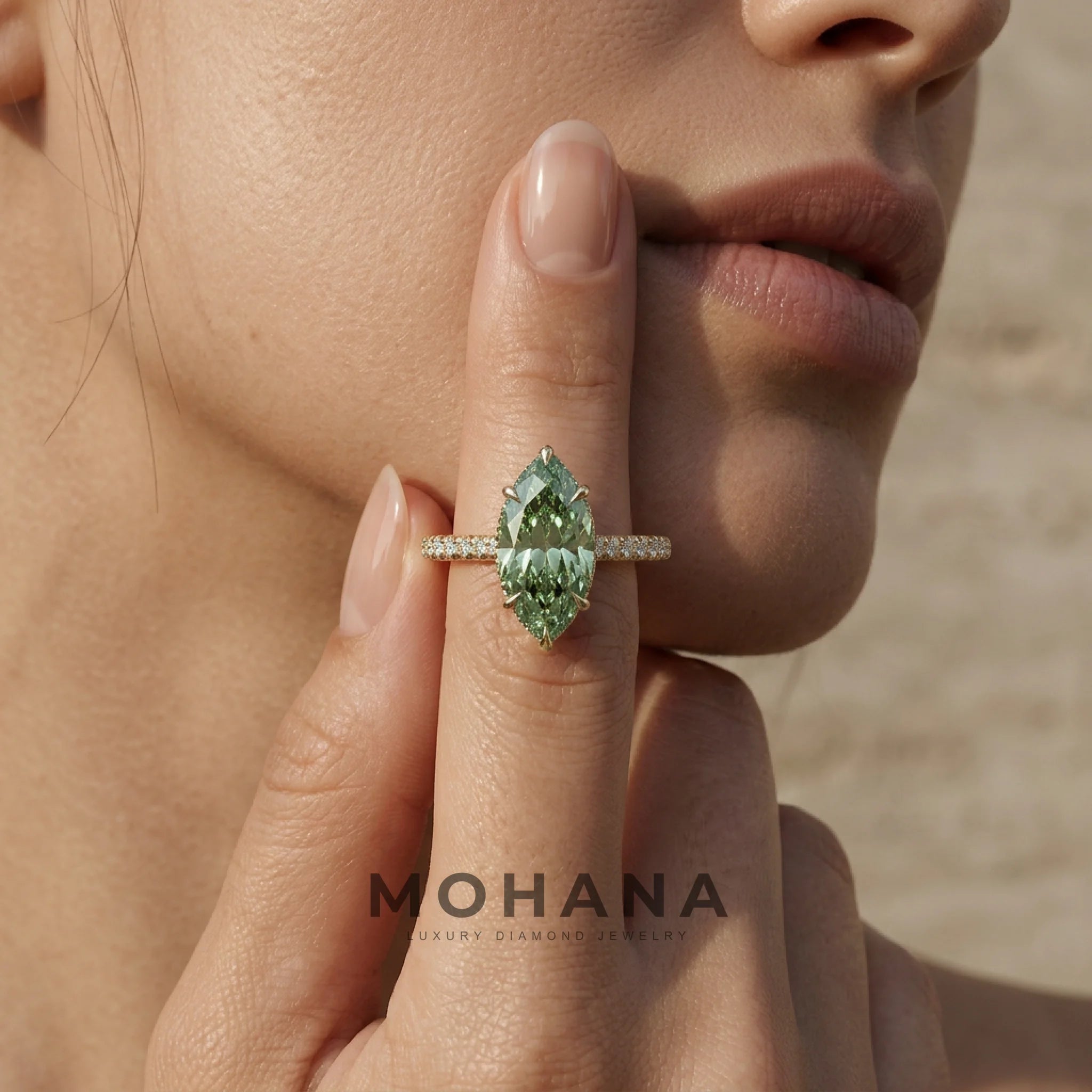 3 Carat Fancy Green Marquise Hidden Halo Lab Grown Diamond Engagement Ring