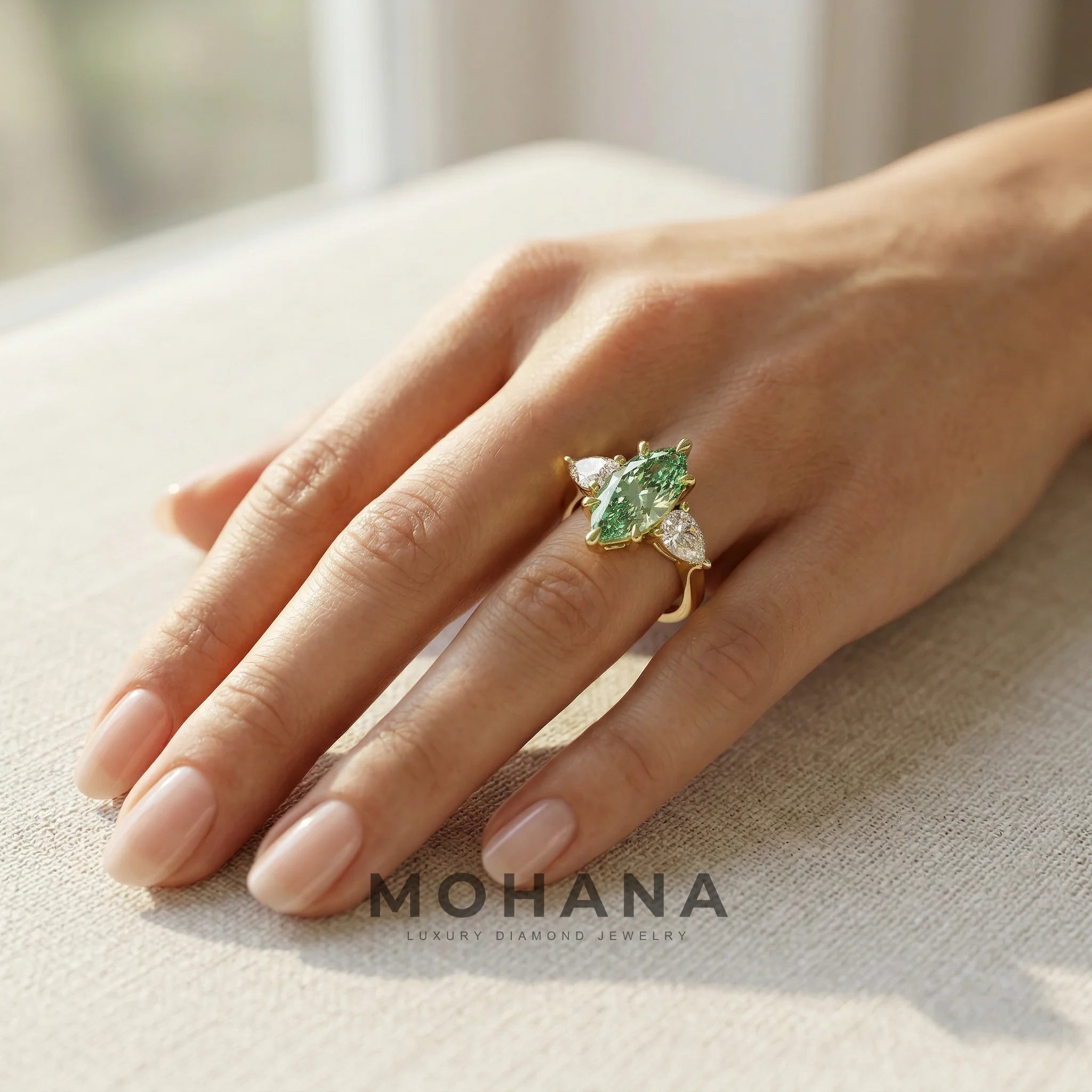 3 Carat Fancy Green Marquise & Pear Cut Three Stone Lab Grown Diamond Engagement Ring