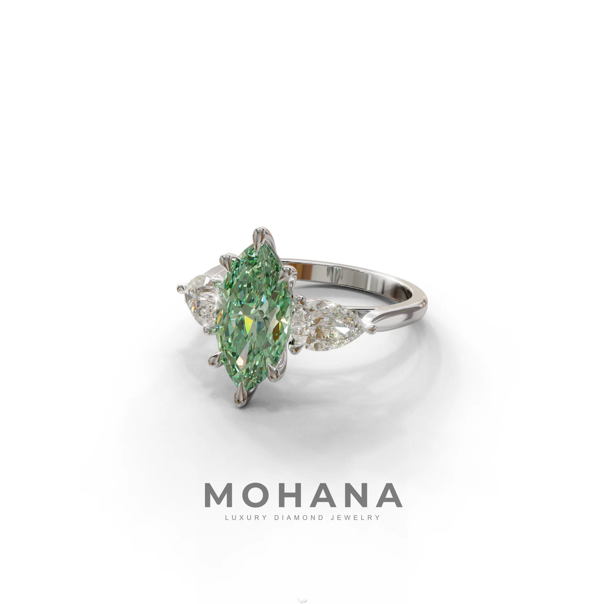 3 Carat Fancy Green Marquise & Pear Cut Three Stone Lab Grown Diamond Engagement Ring