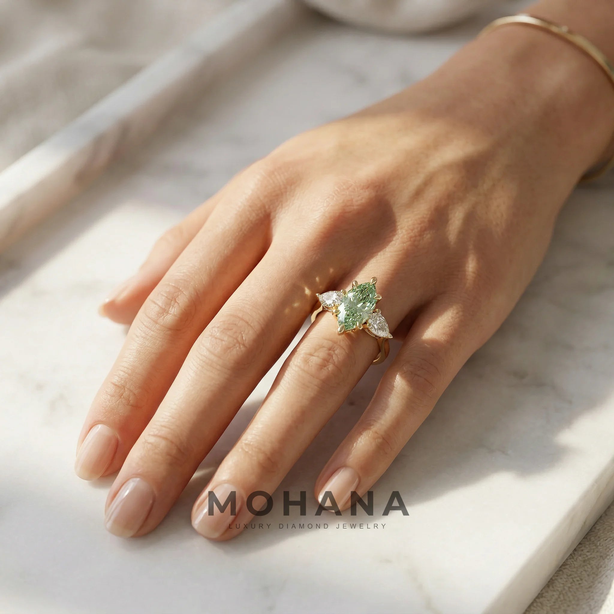 3 Carat Fancy Green Marquise & Pear Cut Three Stone Lab Grown Diamond Engagement Ring