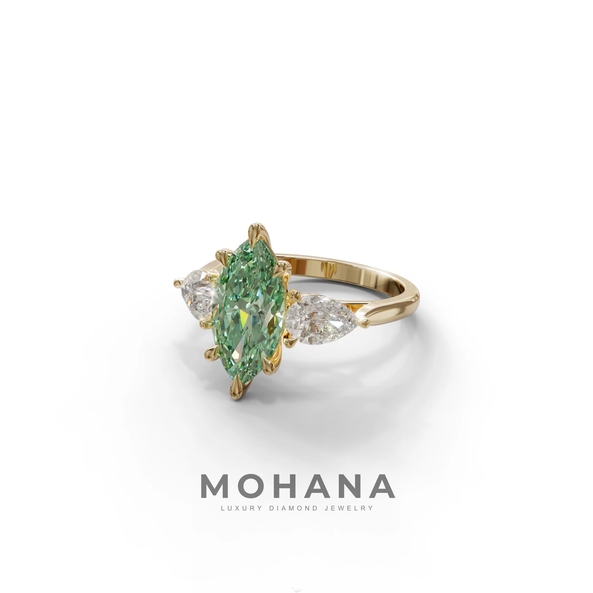 3 Carat Fancy Green Marquise & Pear Cut Three Stone Lab Grown Diamond Engagement Ring
