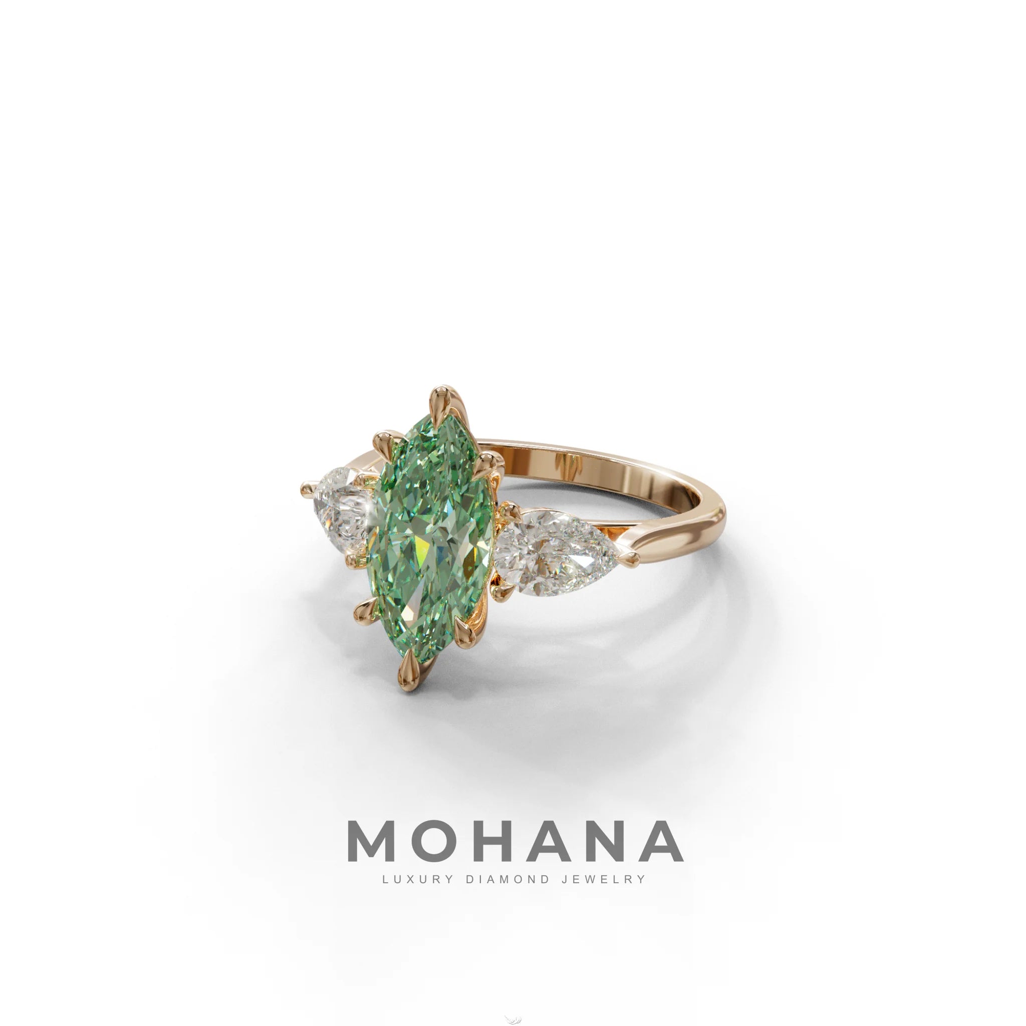 3 Carat Fancy Green Marquise & Pear Cut Three Stone Lab Grown Diamond Engagement Ring