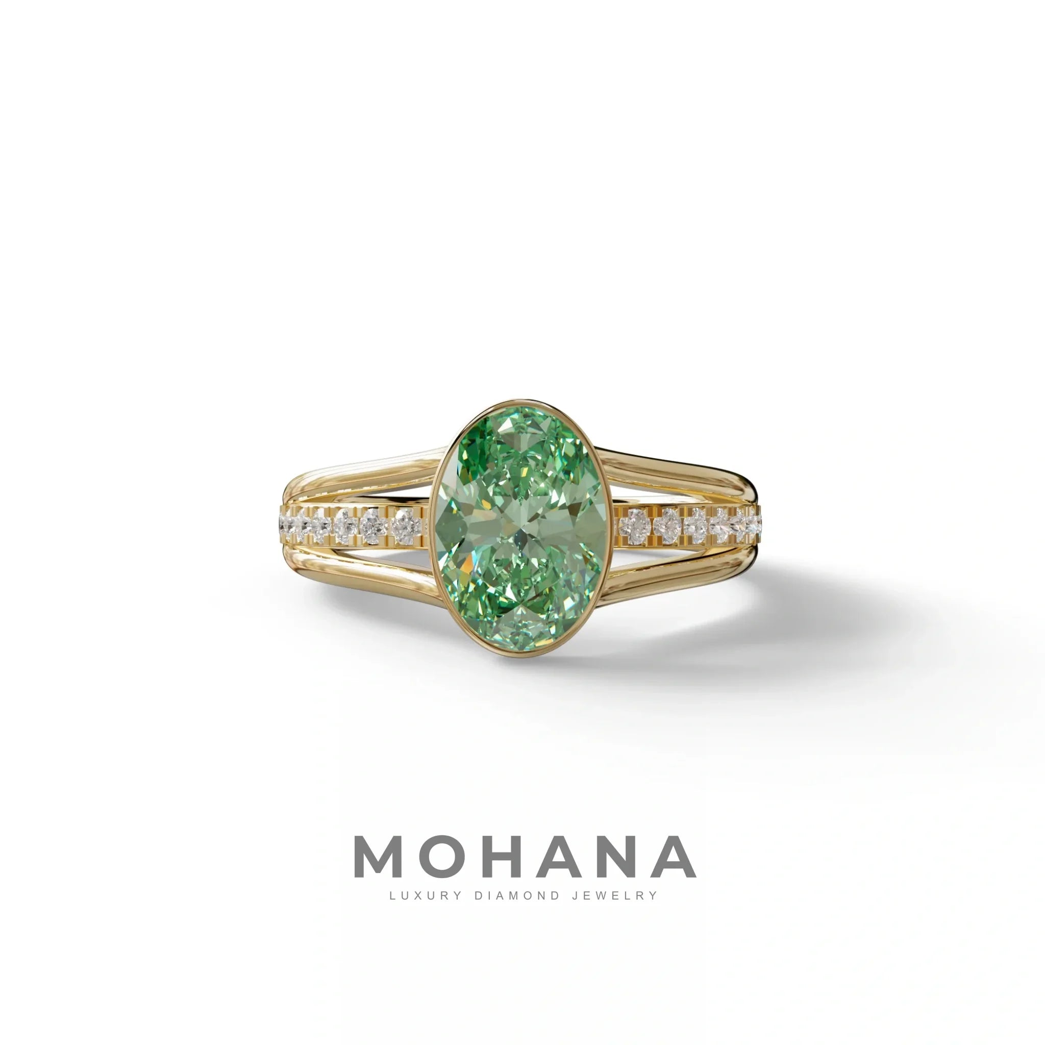 3 Carat Fancy Vivid Green Oval Cut Lab Grown Diamond Engagement Ring - Prisma - 10K Solid Gold / Yellow Gold