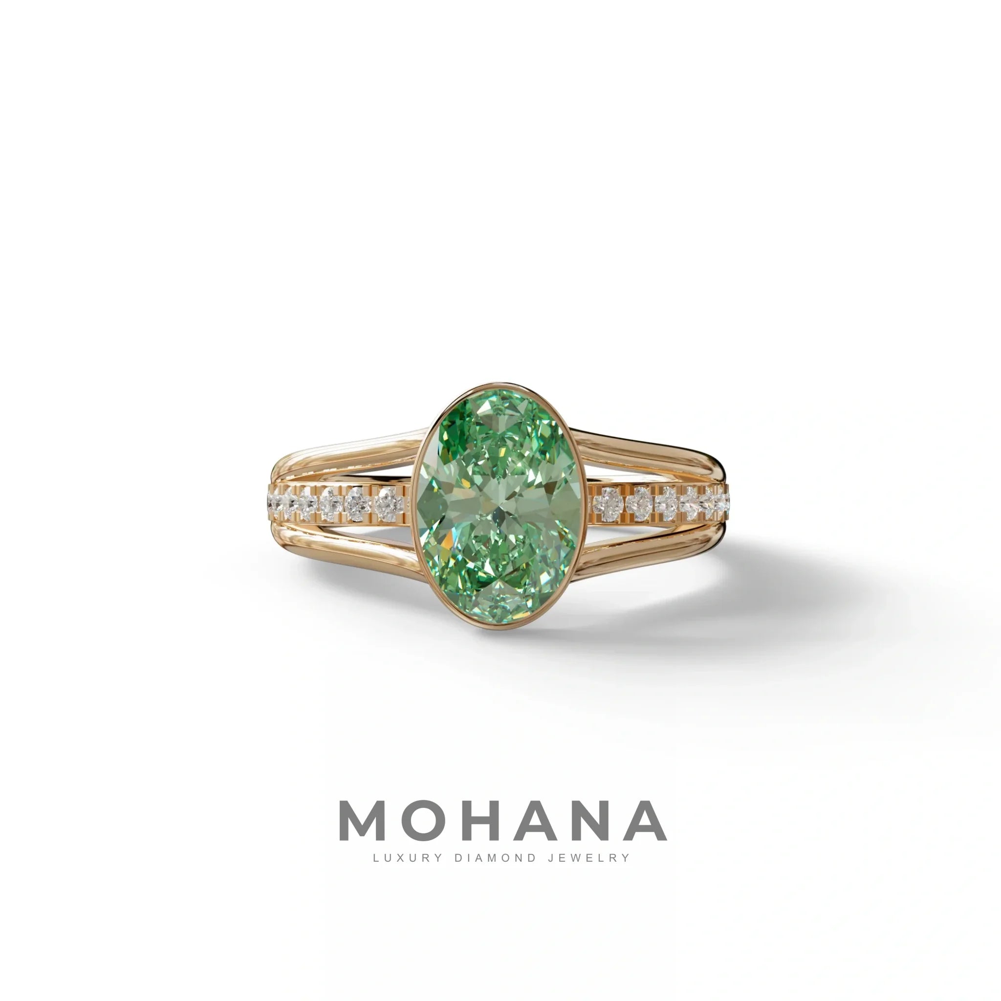 3 Carat Fancy Vivid Green Oval Cut Lab Grown Diamond Engagement Ring - Prisma - 10K Solid Gold / Rose Gold