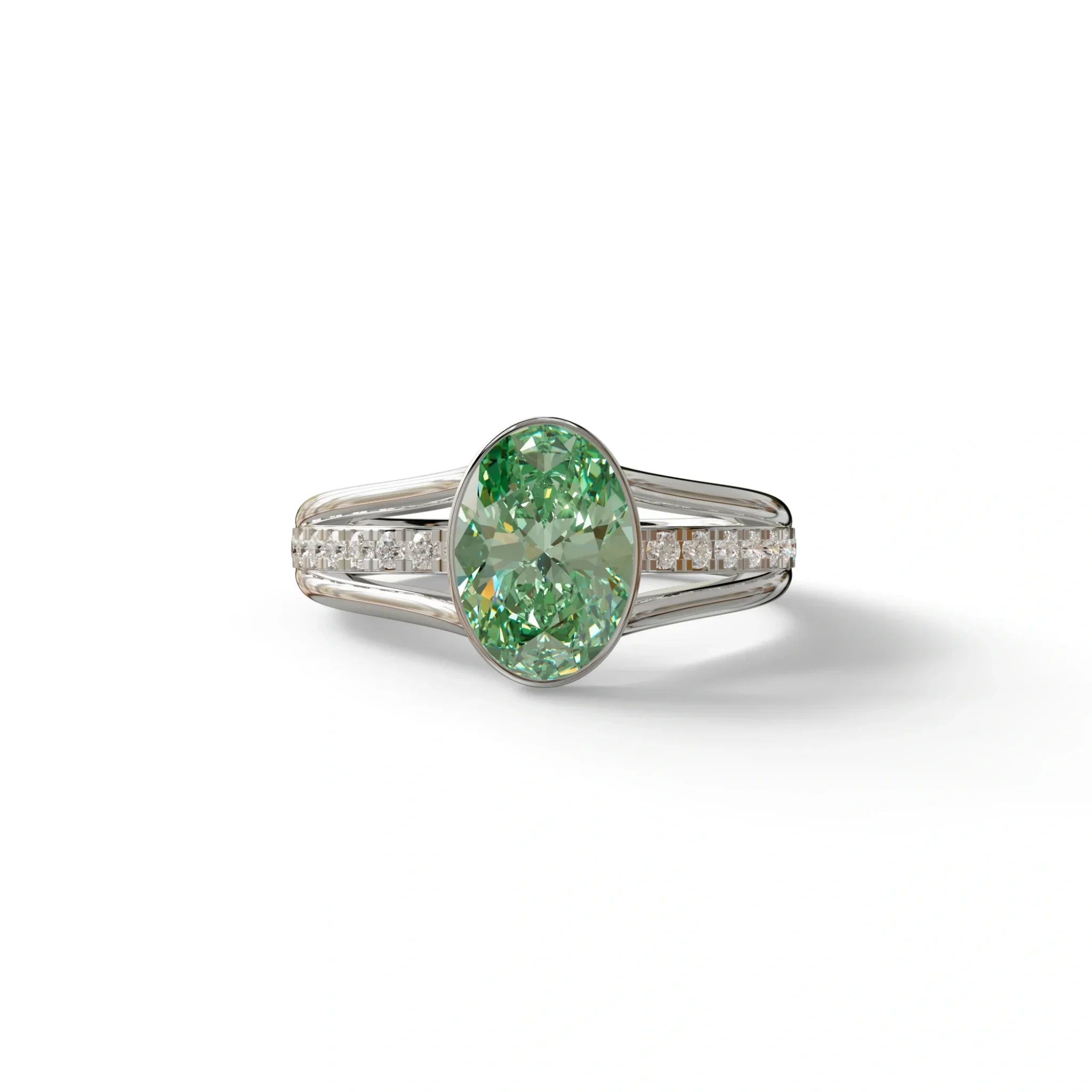 3 Carat Fancy Vivid Green Oval Cut Lab Grown Diamond Engagement Ring - Prisma - 10K Solid Gold / White Gold