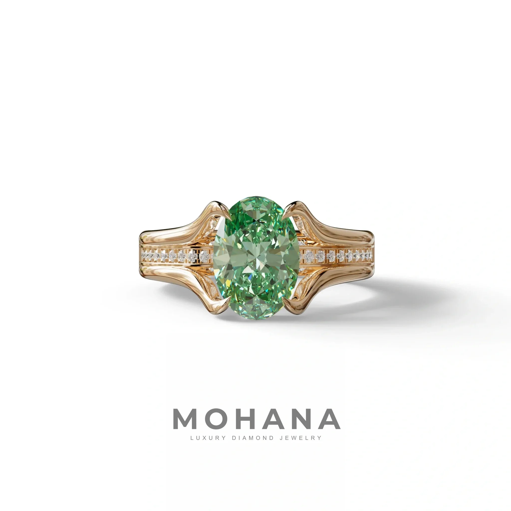 3 carat Fancy Vivid Green Oval Cut Lab Grown Diamond Pave set Engagement Ring– Beverly - 10K Solid Gold / Rose Gold
