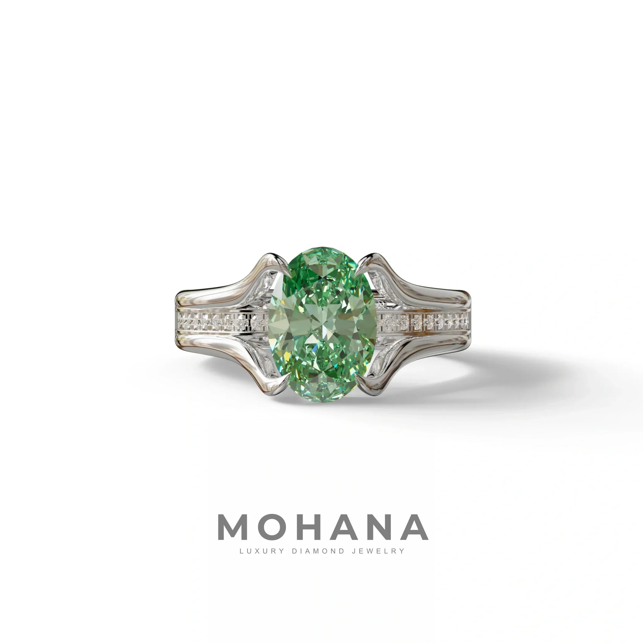 3 carat Fancy Vivid Green Oval Cut Lab Grown Diamond Pave set Engagement Ring– Beverly - 10K Solid Gold / White Gold