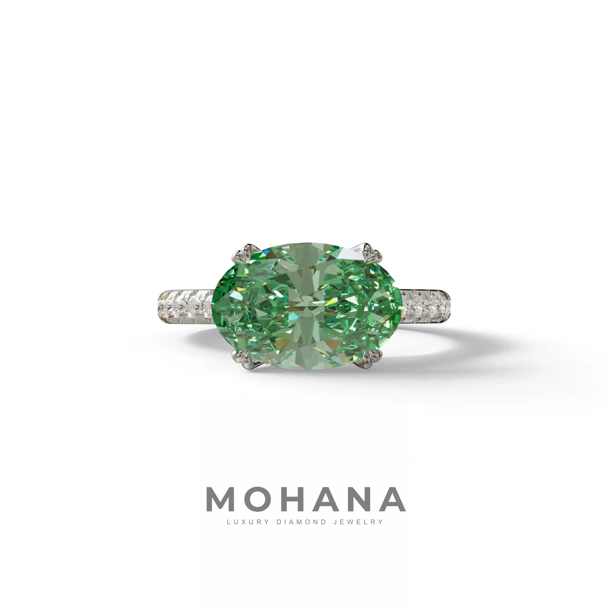 3 Carat Green Oval Lab Diamond Engagement Ring - Ellipse - 10K Solid Gold / White Gold