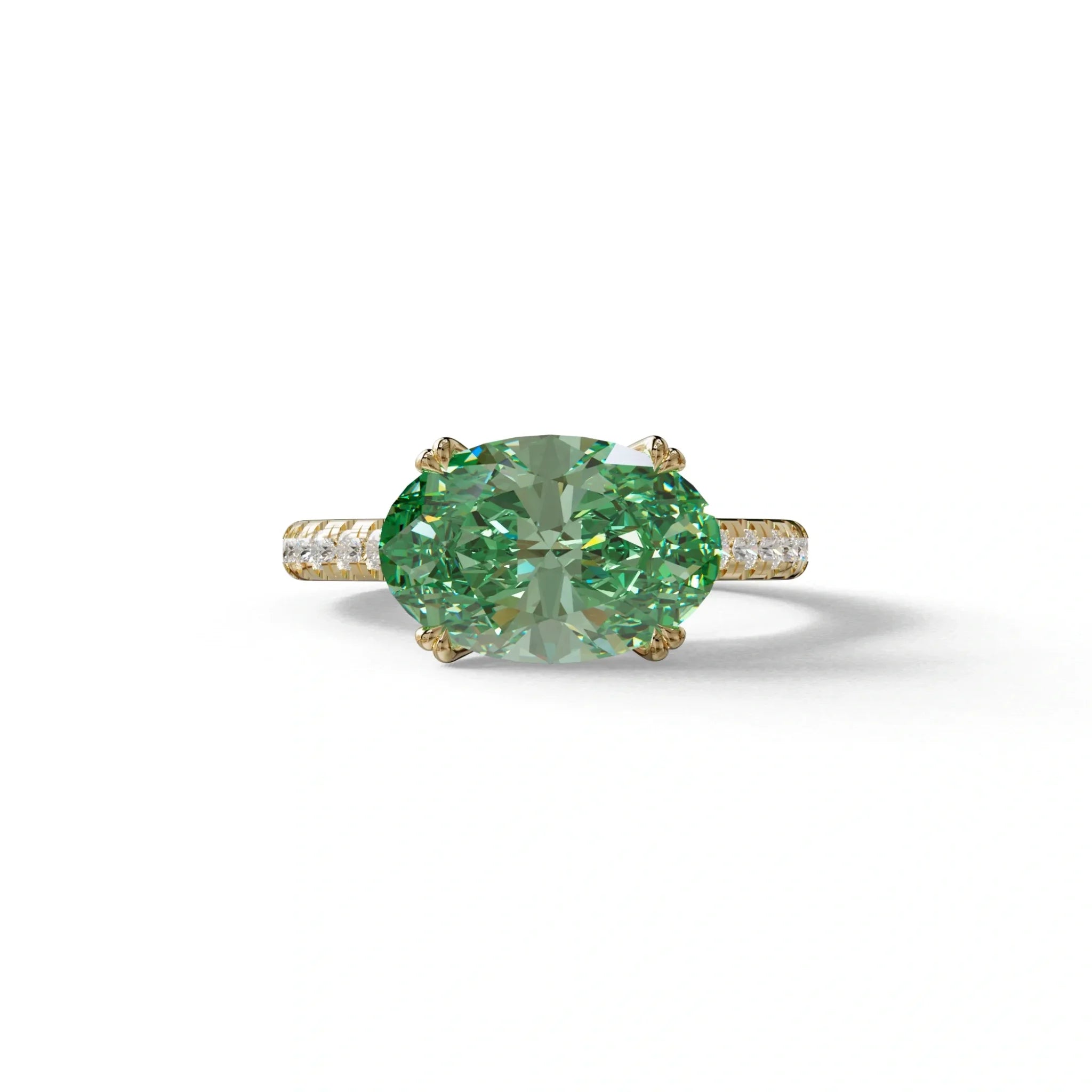 3 Carat Green Oval Lab Diamond Engagement Ring - Ellipse - 10K Solid Gold / Yellow Gold