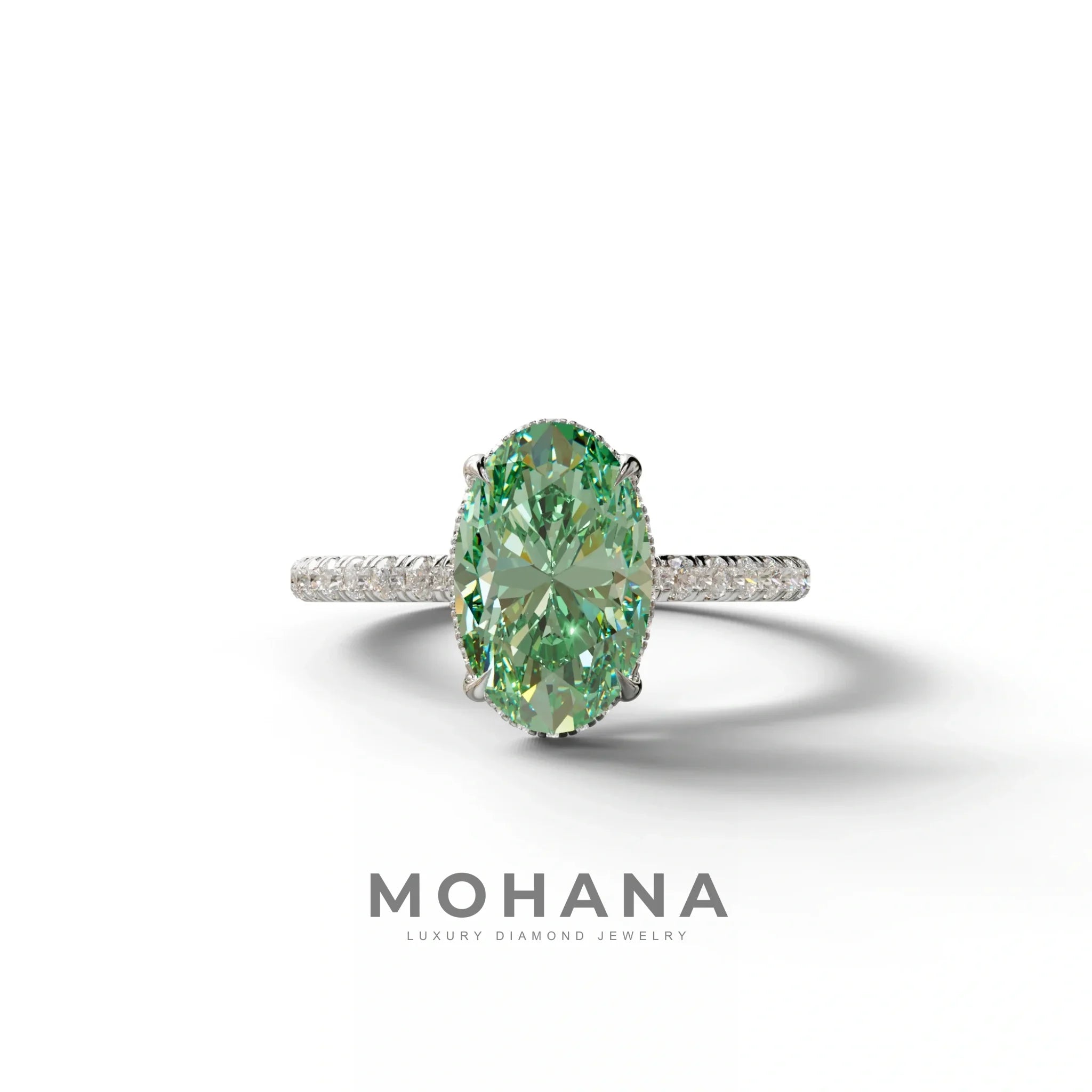 3 Carat Green Oval Cut Hidden Halo & Pave Setting Lab Grown Diamond Ring - 10K Solid Gold / White Gold