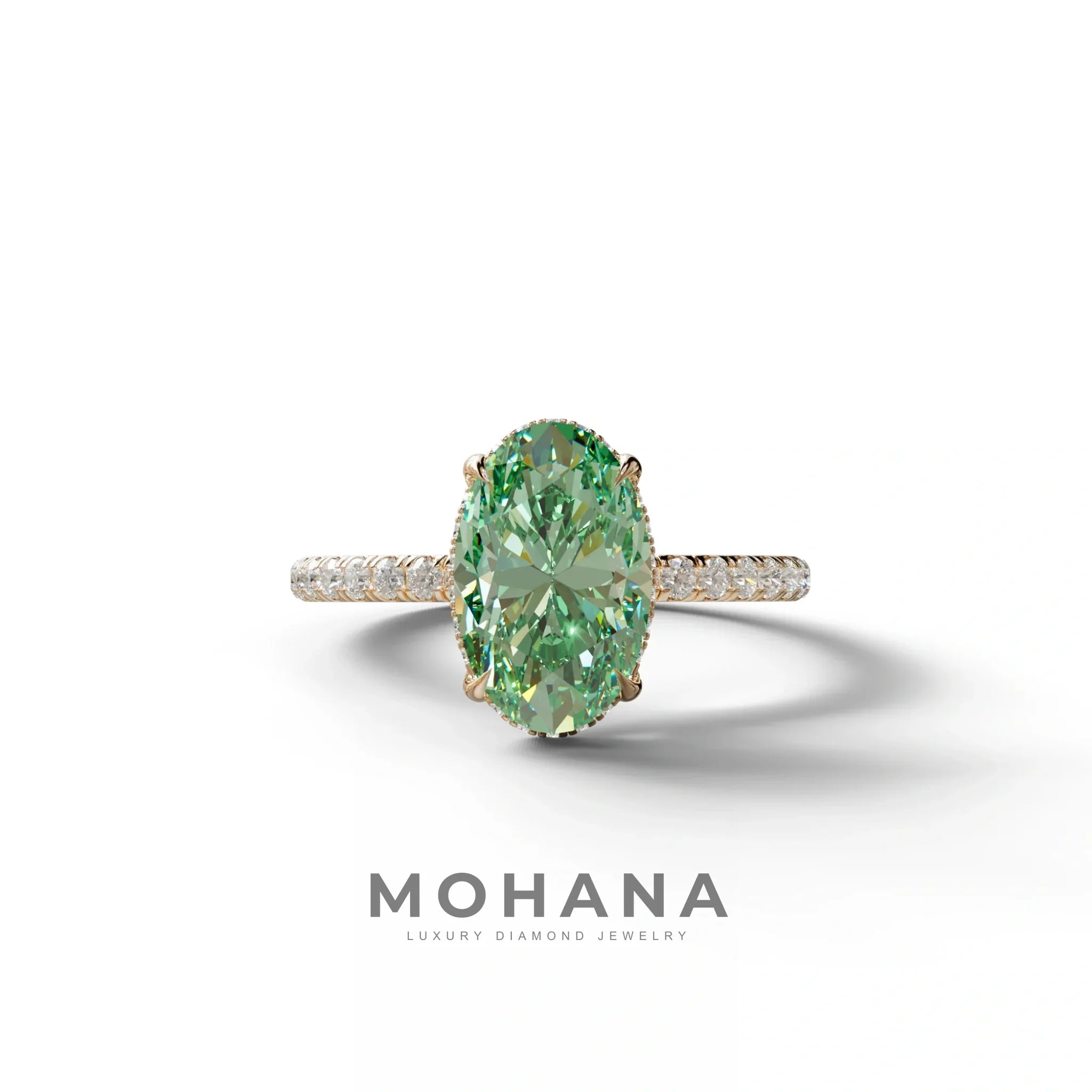 3 Carat Green Oval Cut Hidden Halo & Pave Setting Lab Grown Diamond Ring - 10K Solid Gold / Rose Gold