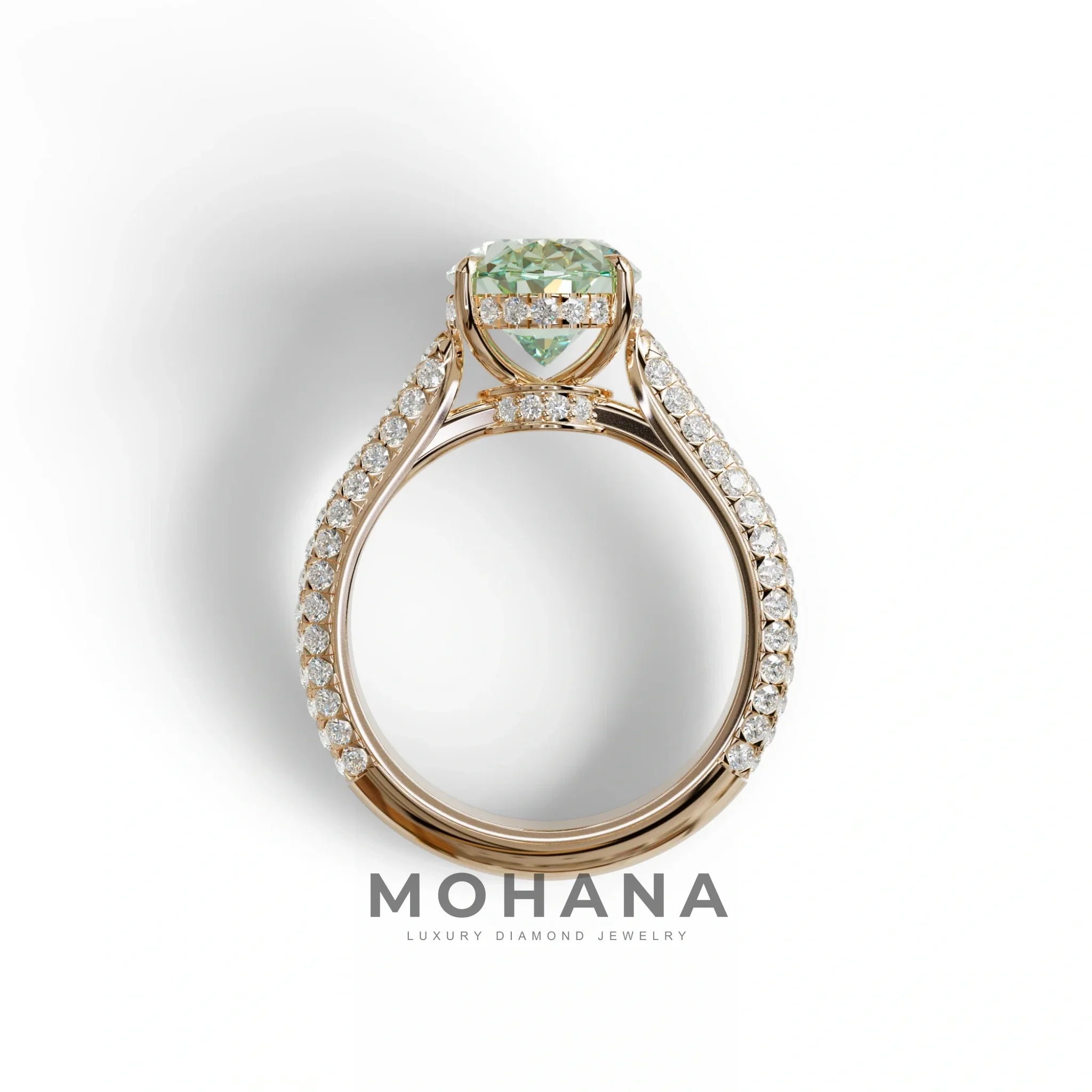 3 Carat Green Oval Cut Hidden Halo & Pave Set Lab Diamond Engagement Ring - Viviana