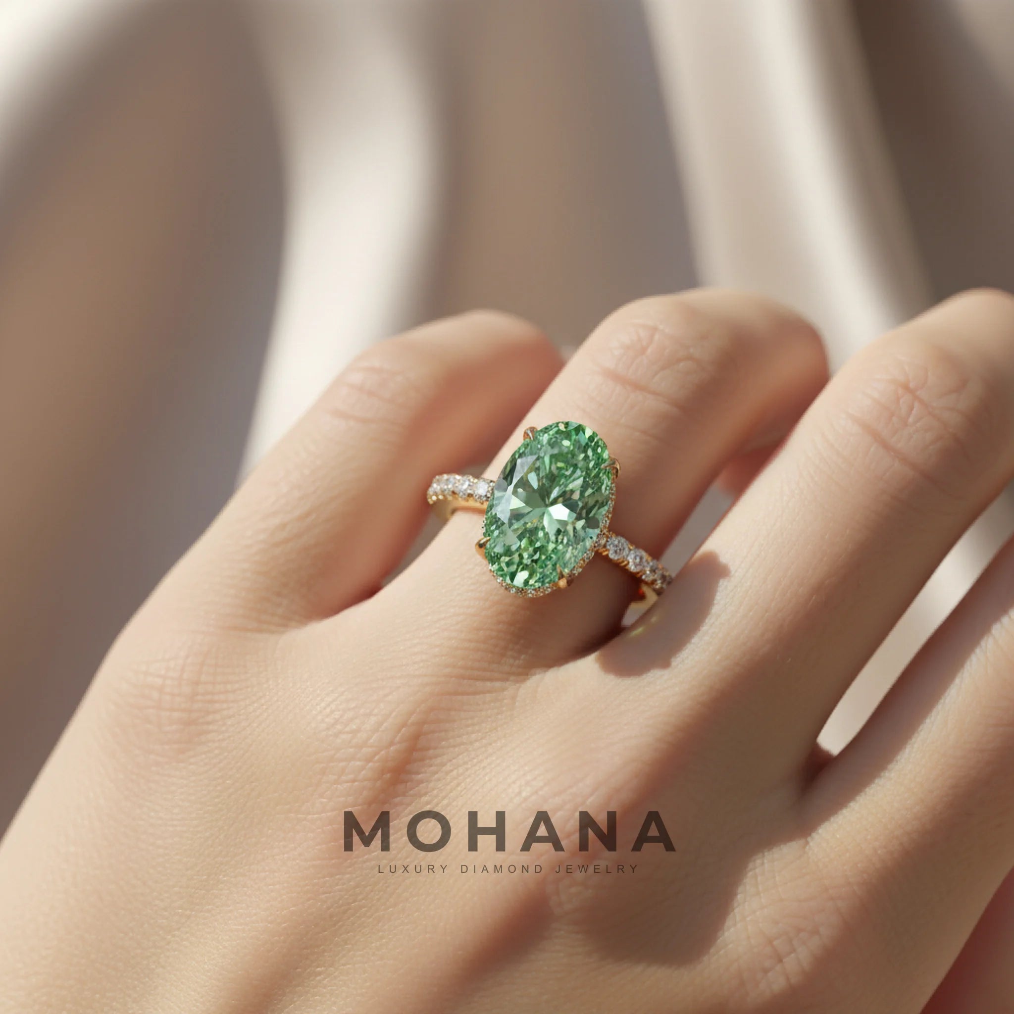 3 Carat Fancy Vivid Green Oval Cut Hidden Halo & Pave Lab Grown Diamond Ring