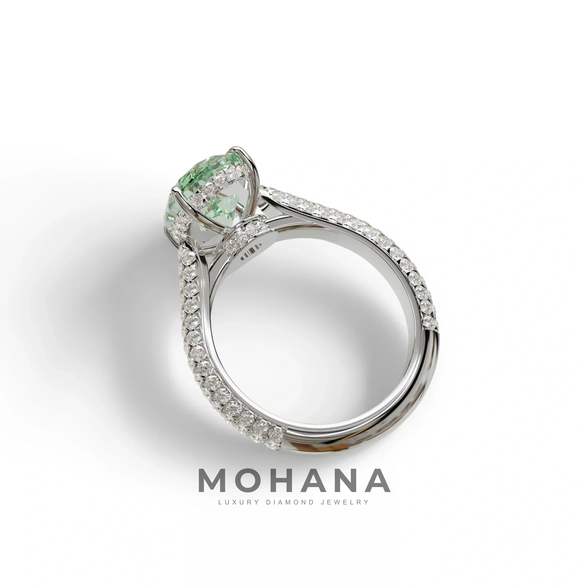 3 Carat Green Oval Cut Hidden Halo & Pave Set Lab Diamond Engagement Ring - Viviana