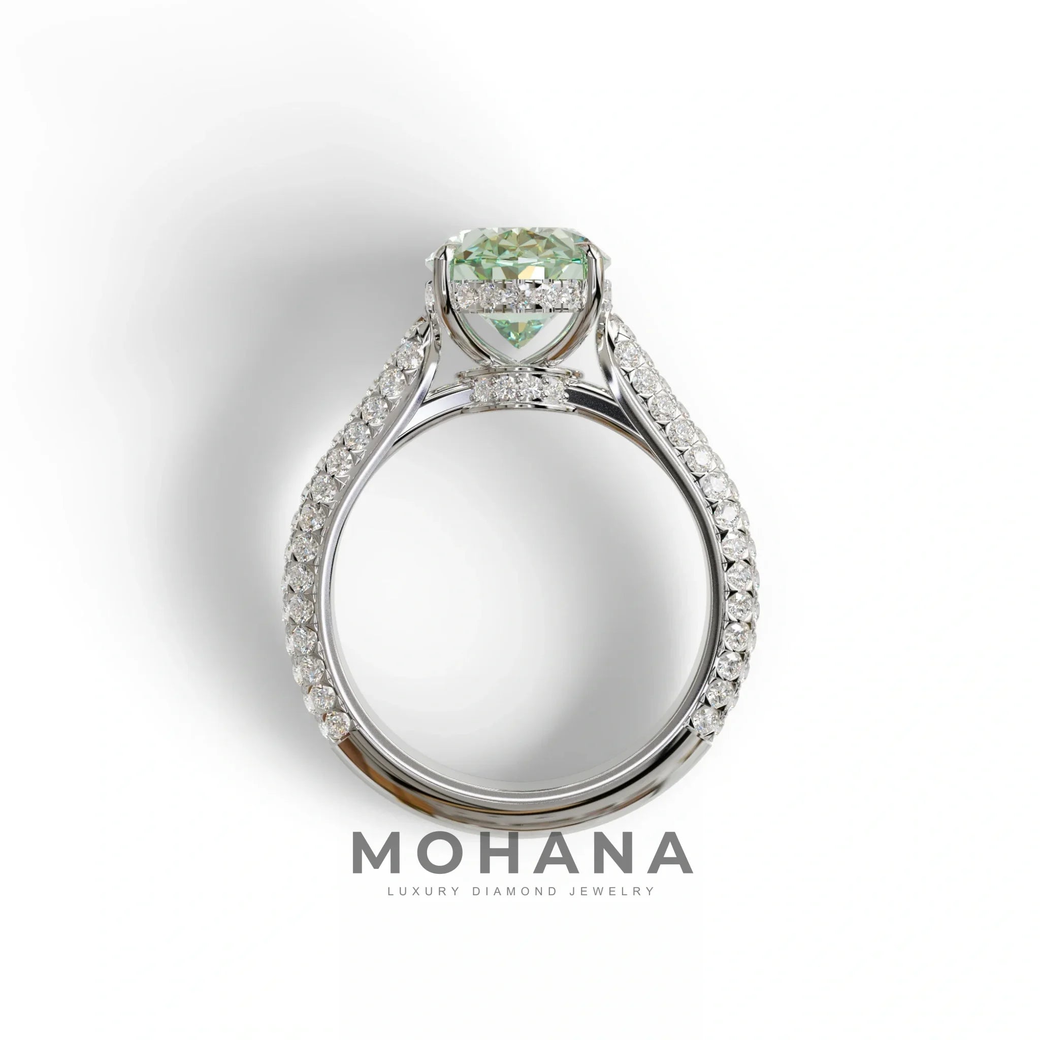 3 Carat Green Oval Cut Hidden Halo & Pave Set Lab Diamond Engagement Ring - Viviana