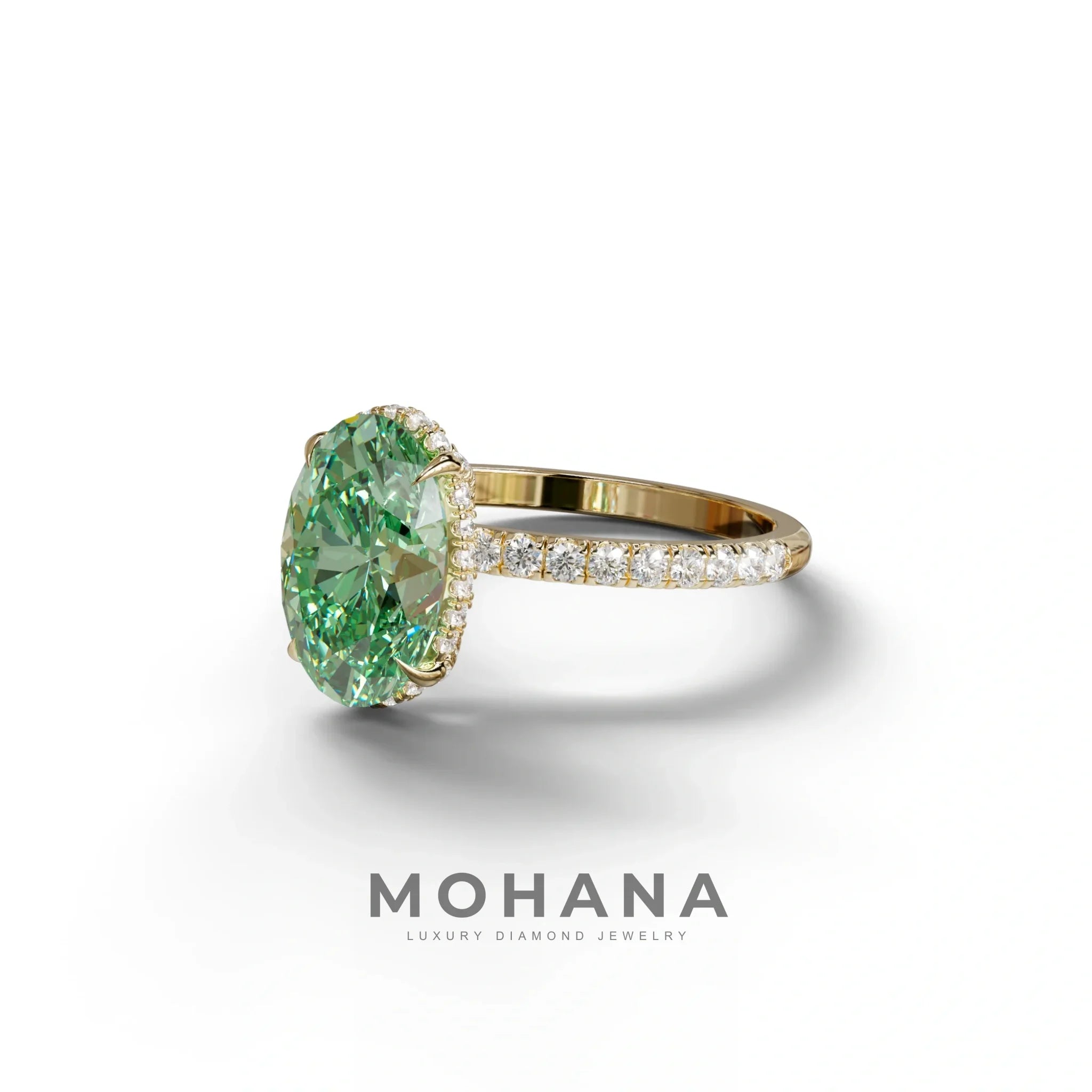 3 Carat Green Oval Cut Hidden Halo & Pave Setting Lab Grown Diamond Ring