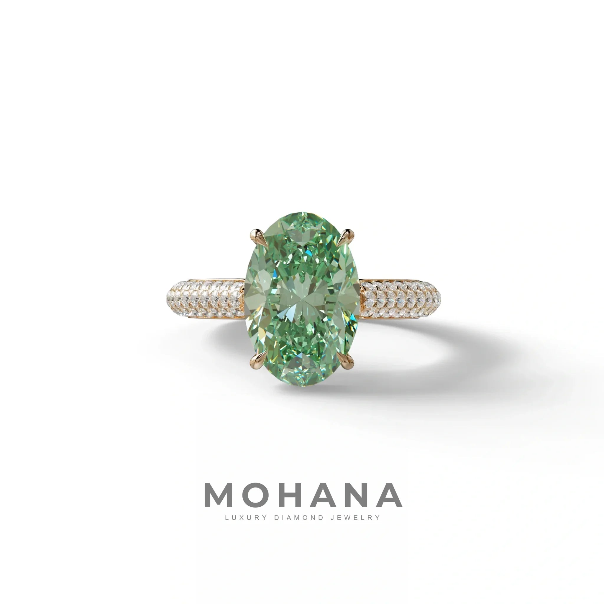 3 Carat Green Oval Cut Hidden Halo & Pave Set Lab Diamond Engagement Ring - Viviana - 10K Solid Gold / Rose Gold
