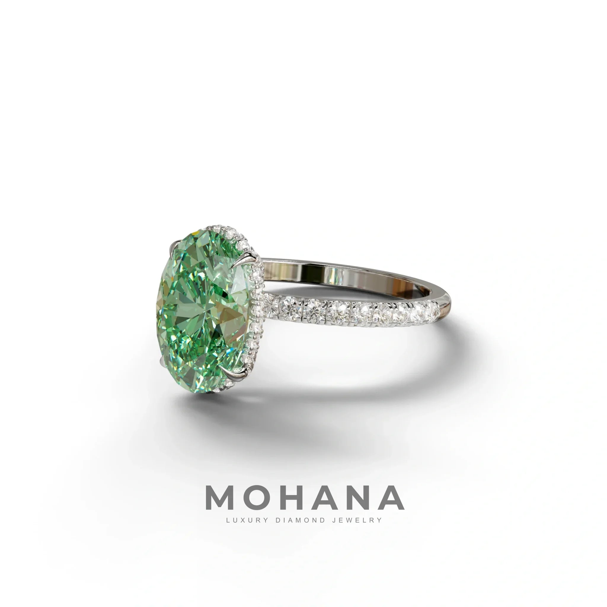 3 Carat Green Oval Cut Hidden Halo & Pave Setting Lab Grown Diamond Ring