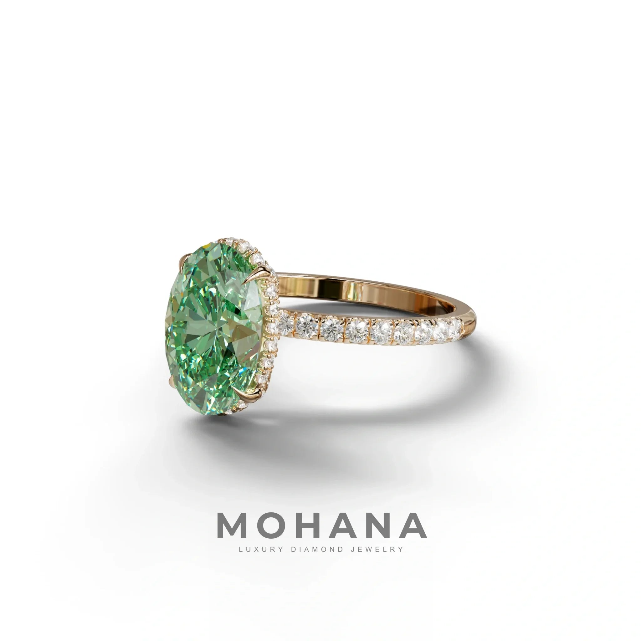 3 Carat Green Oval Cut Hidden Halo & Pave Setting Lab Grown Diamond Ring