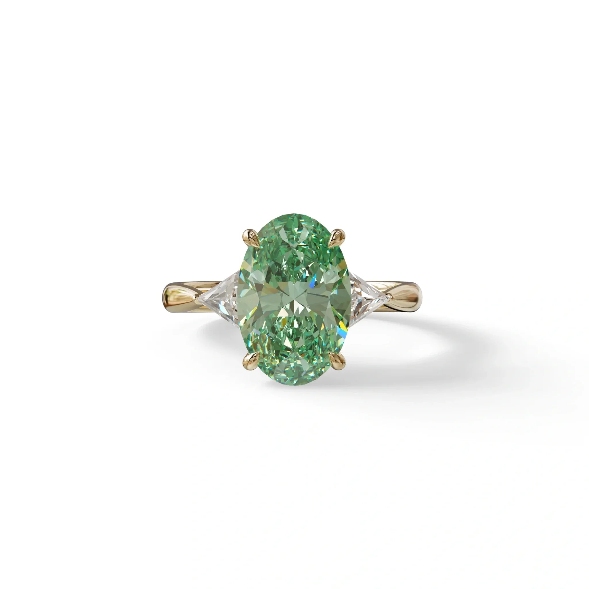 3Ct Green Oval Cut Lab Grown Diamond Three Stone Engagement Ring - Myza - 10K Solid Gold / Yellow Gold