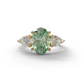 3 Carat Green Oval Lab Grown Diamond Engagement Ring – Three Stone Pear Cut Setting - 10K Solid Gold / Yellow Gold