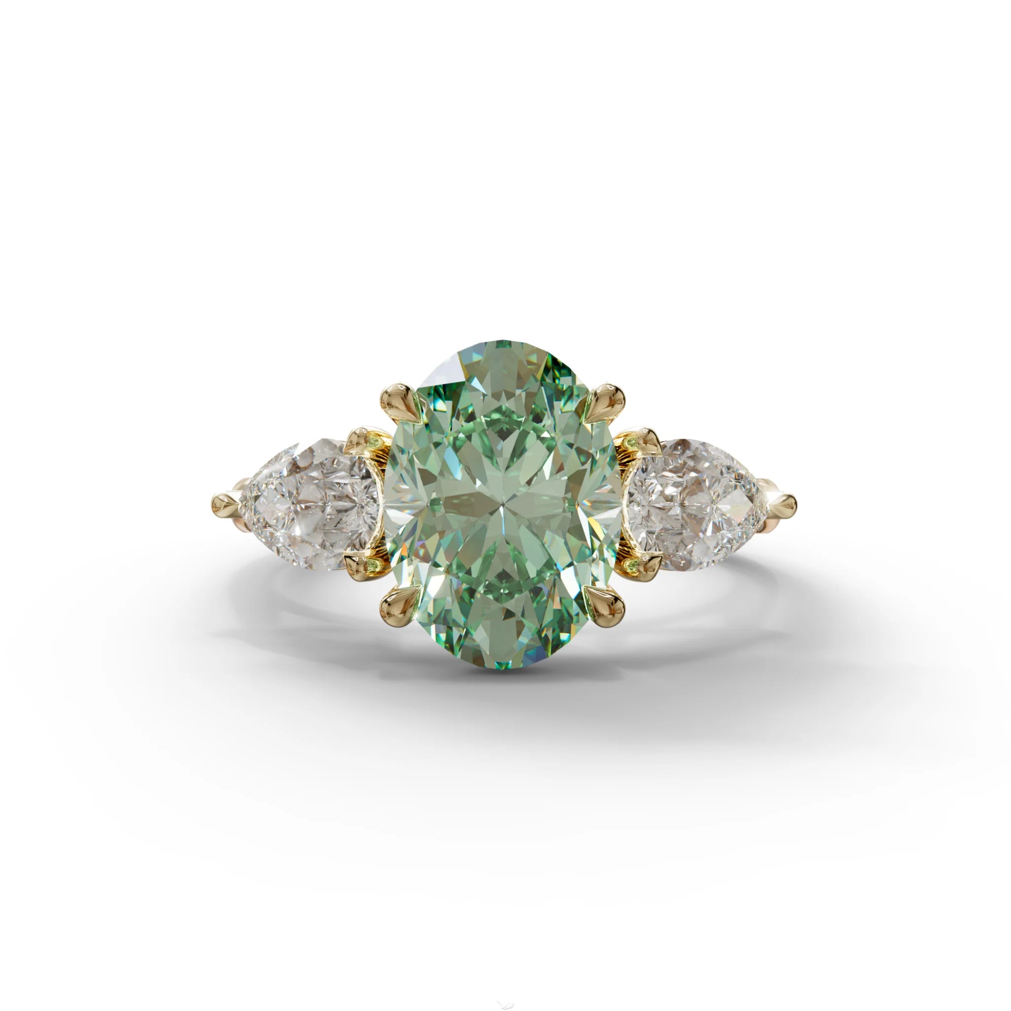3 Carat Green Oval Lab Grown Diamond Engagement Ring – Three Stone Pear Cut Setting - 10K Solid Gold / Yellow Gold