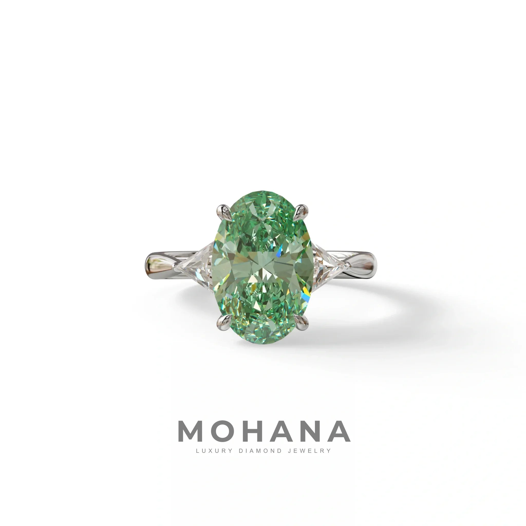 3Ct Green Oval Cut Lab Grown Diamond Three Stone Engagement Ring - Myza - 10K Solid Gold / White Gold