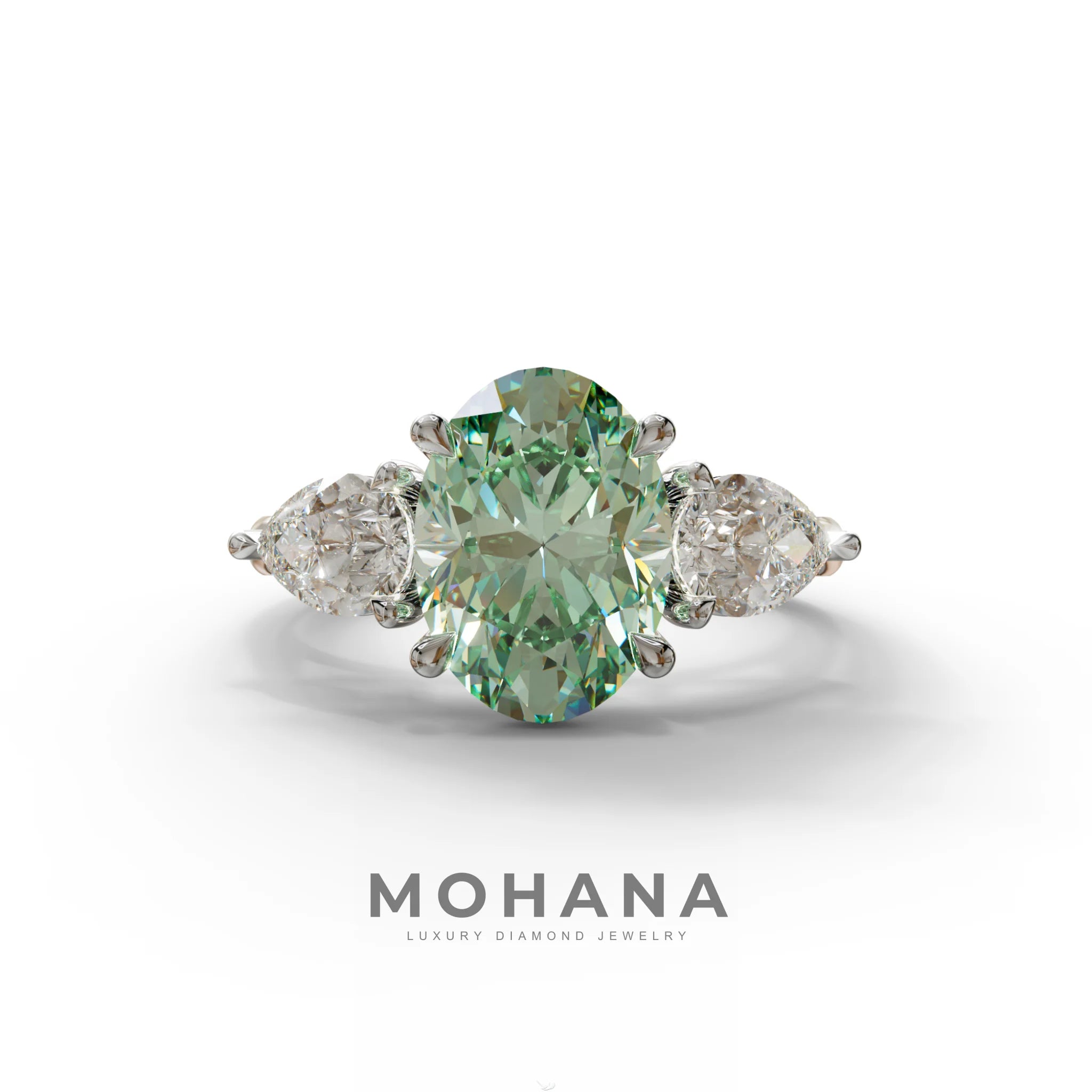3 Carat Green Oval Lab Grown Diamond Engagement Ring – Three Stone Pear Cut Setting - 10K Solid Gold / White Gold