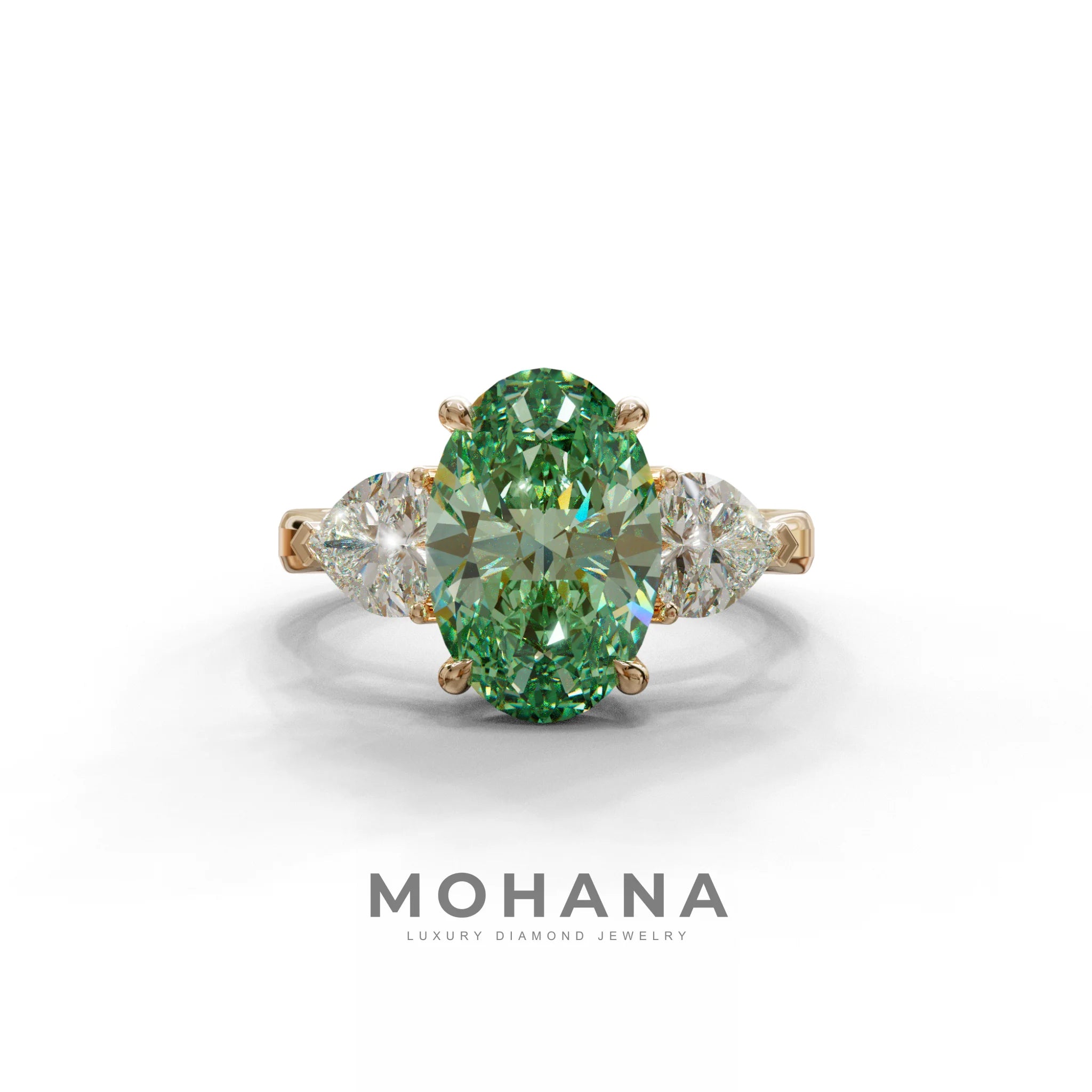 4 Ct Green Oval & Heart Shape 3 Stone Engagement Diamond Ring - Lucid - 10K Solid Gold / Rose Gold