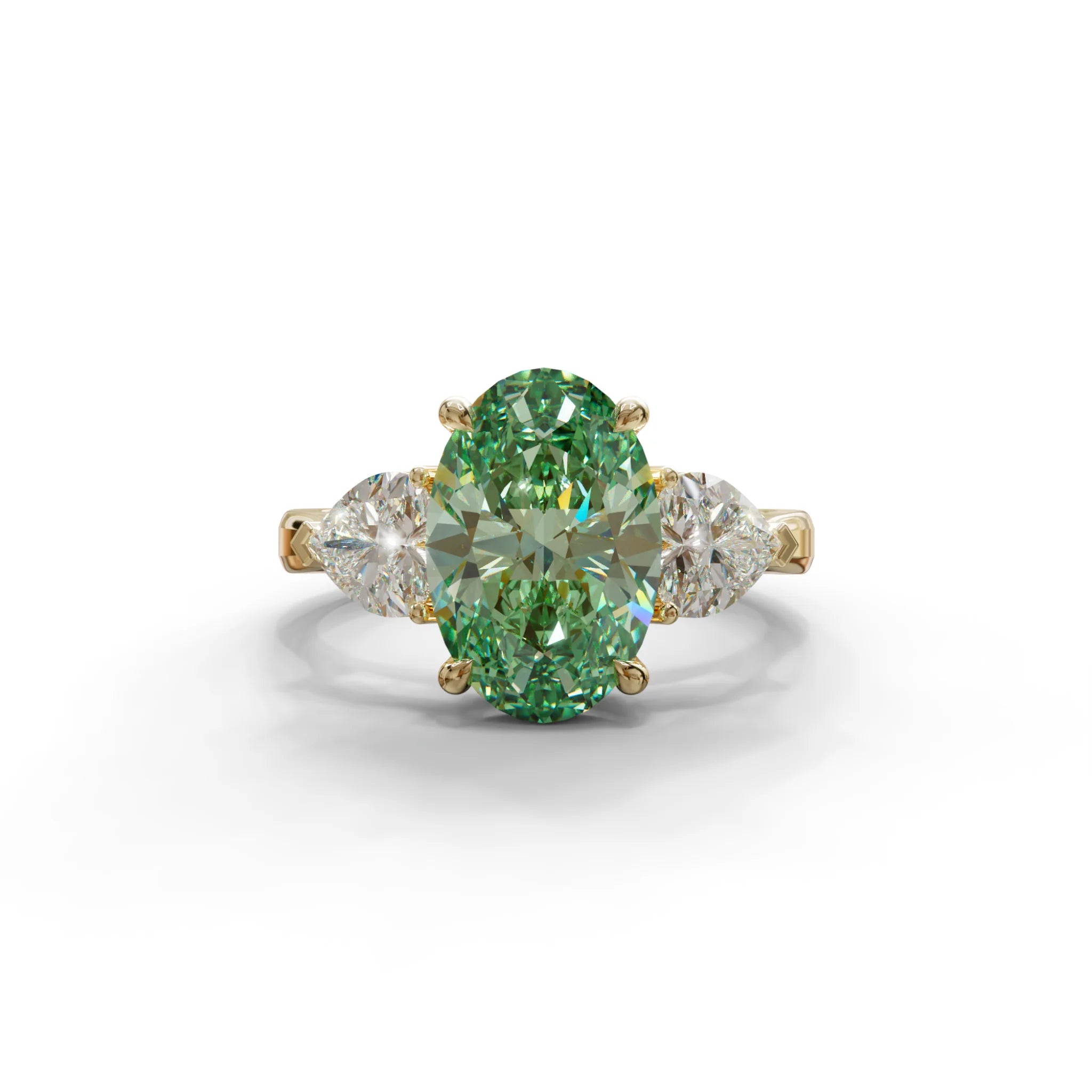 4 Ct Green Oval & Heart Shape 3 Stone Engagement Diamond Ring - Lucid - 10K Solid Gold / Yellow Gold