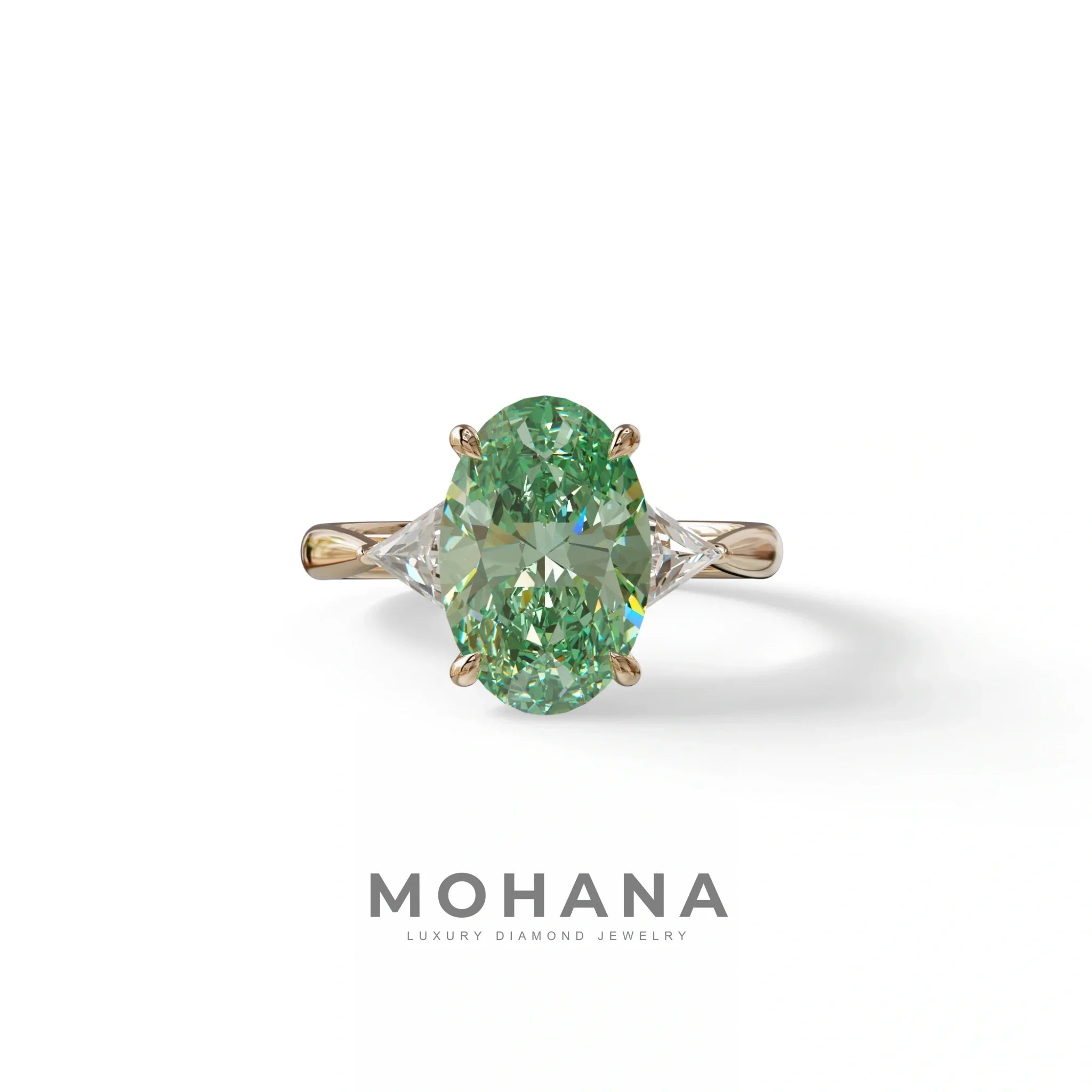 3Ct Green Oval Cut Lab Grown Diamond Three Stone Engagement Ring - Myza - 10K Solid Gold / Rose Gold