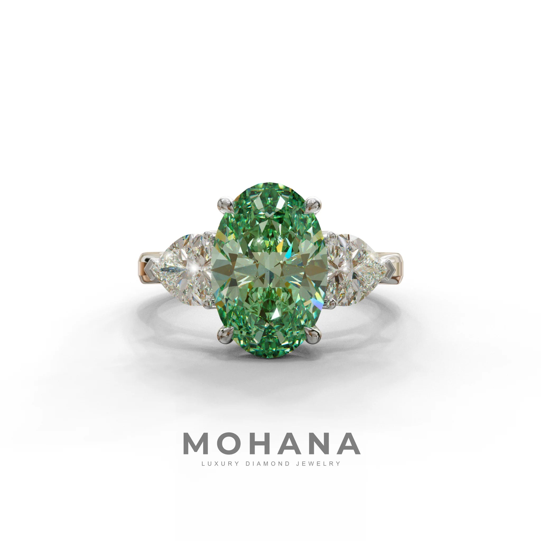 4 Ct Green Oval & Heart Shape 3 Stone Engagement Diamond Ring - Lucid - 10K Solid Gold / White Gold