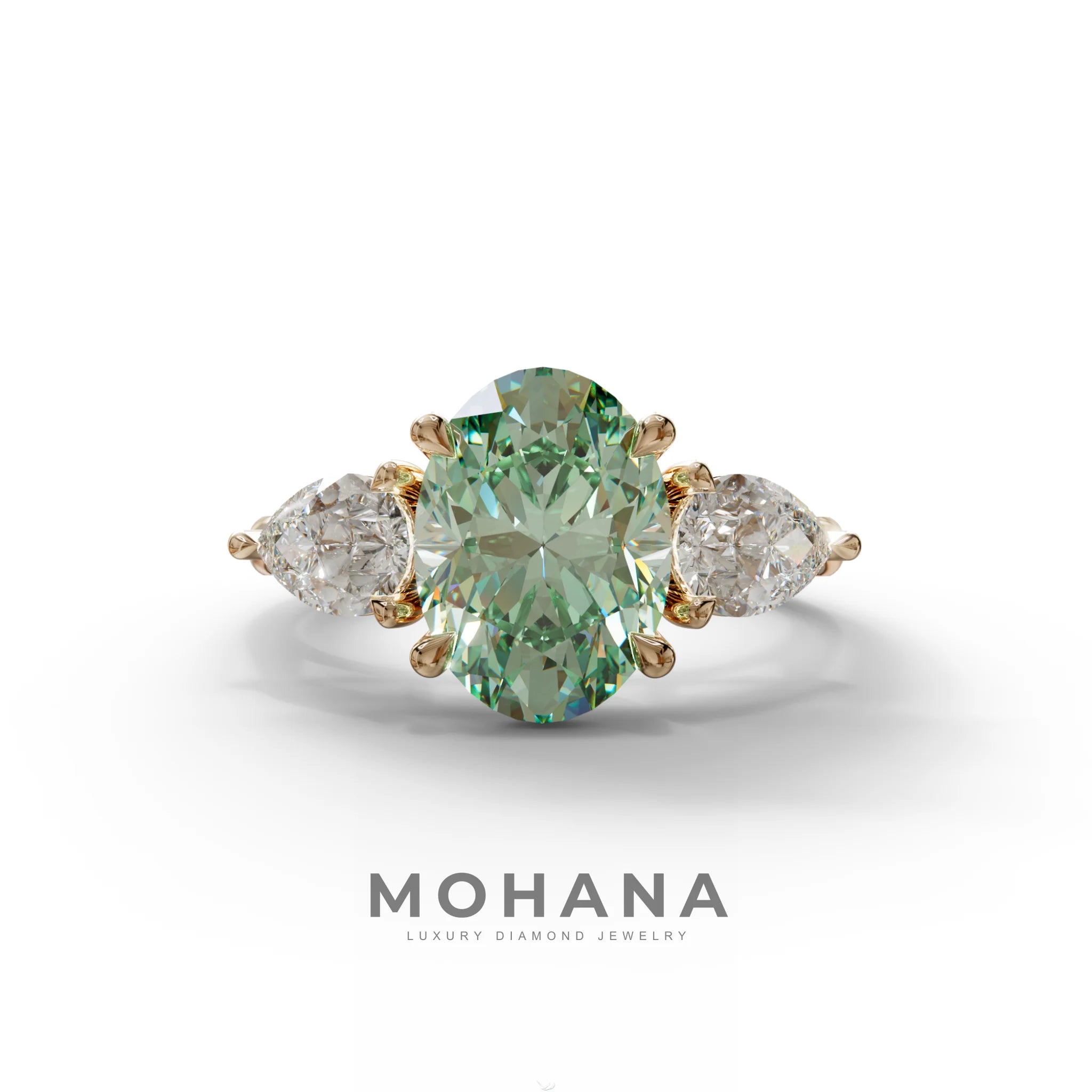 3 Carat Green Oval Lab Grown Diamond Engagement Ring – Three Stone Pear Cut Setting - 10K Solid Gold / Rose Gold