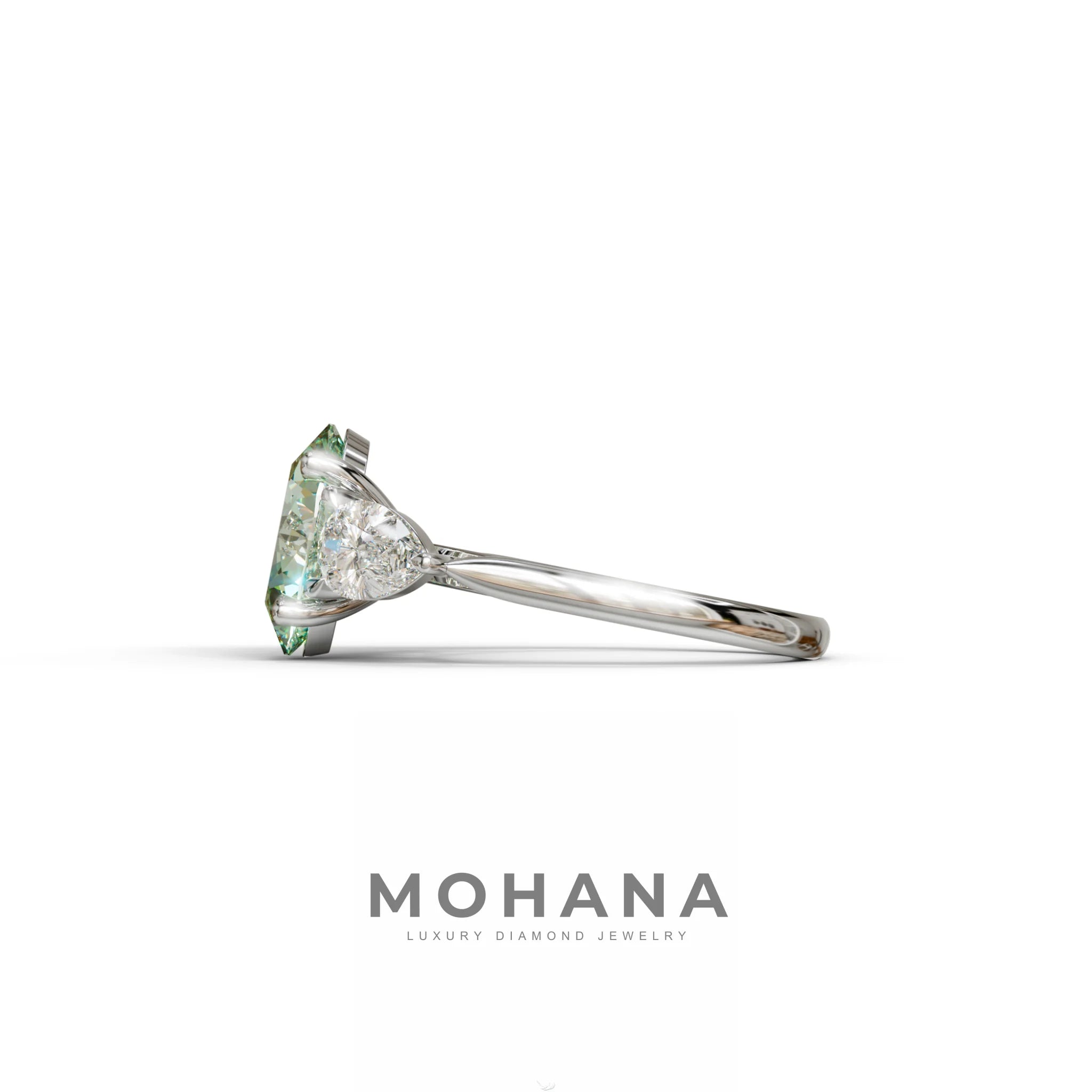 3 Carat Green Oval Lab Grown Diamond Engagement Ring – Three Stone Pear Cut Setting